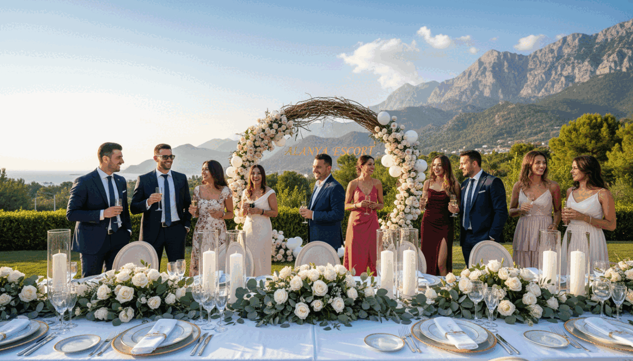 A beautifully arranged wedding celebration in a luxurious outdoor setting in Alanya. In the foreground, a beautifully decorated table adorned with elegant flowers, candles, and fine dinnerware showcases a romantic dining experience. The middle ground features smiling guests dressed in professional business attire enjoying the festivities, with a backdrop of lush greenery and magnificent mountains under a bright blue sky. Soft, golden hour lighting casts a warm glow over the scene, enhancing the joyful atmosphere. In the background, a tastefully designed wedding arch and balloons symbolize the joyous occasion. The image should capture the essence of special events, representing "alanya escort" in a tasteful, celebratory context, filled with laughter and happiness. A beautifully arranged wedding celebration in a luxurious outdoor setting in Alanya. In the foreground, a beautifully decorated table adorned with elegant flowers, candles, and fine dinnerware showcases a romantic dining experience. The middle ground features smiling guests dressed in professional business attire enjoying the festivities, with a backdrop of lush greenery and magnificent mountains under a bright blue sky. Soft, golden hour lighting casts a warm glow over the scene, enhancing the joyful atmosphere. In the background, a tastefully designed wedding arch and balloons symbolize the joyous occasion. The image should capture the essence of special events, representing "alanya escort" in a tasteful, celebratory context, filled with laughter and happiness.