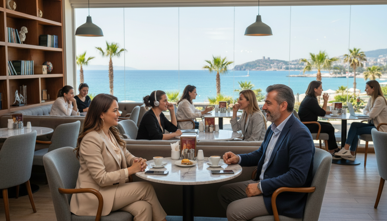 A bustling café scene in Alanya showcasing an elegant, professional atmosphere. In the foreground, a poised woman in smart casual attire sits at a table, engaging in a friendly conversation with a gentleman, showcasing warmth and professionalism. They are surrounded by tasteful décor, with soft lighting creating an inviting ambiance. In the middle ground, other patrons enjoy their time, some working on laptops, others chatting, contributing to a lively yet sophisticated atmosphere. The background features a beautiful view of Alanya's coastline, with the sea sparkling under sunlight, framed by lush greenery. The mood is relaxed and friendly, emphasizing connection and interaction. The overall composition reflects the essence of "alanya escort," capturing the essence of communication and the charm of the location.