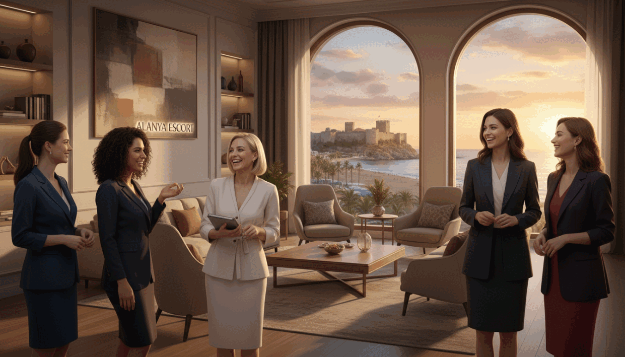 A chic and inviting scene showcasing a professional atmosphere in Alanya’s escort service sector. In the foreground, a diverse group of women dressed in elegant, modest business attire, representing various backgrounds, smile and engage in friendly conversation. The middle ground features a stylish lounge area with tasteful decor, hinting at a welcoming service environment. In the background, a scenic view of Alanya's beautiful coastline and historic architecture is visible, under a warm sunset that casts a soft glow over the scene. The lighting is soft and inviting, creating a relaxed mood. The image embodies the professionalism and variety of the "alanya escort" brand. A chic and inviting scene showcasing a professional atmosphere in Alanya’s escort service sector. In the foreground, a diverse group of women dressed in elegant, modest business attire, representing various backgrounds, smile and engage in friendly conversation. The middle ground features a stylish lounge area with tasteful decor, hinting at a welcoming service environment. In the background, a scenic view of Alanya's beautiful coastline and historic architecture is visible, under a warm sunset that casts a soft glow over the scene. The lighting is soft and inviting, creating a relaxed mood. The image embodies the professionalism and variety of the "alanya escort" brand.