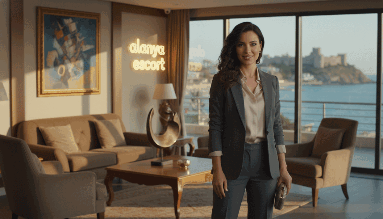 A classy and elegant scene depicting a professional escort service representative in Alanya, Turkey. In the foreground, a poised woman dressed in a stylish business suit stands confidently, exuding sophistication. Her hair is neatly styled, and she has a warm, inviting smile, ready for an upscale event. The middle ground features a luxurious setting with tasteful décor, like plush seating and fine art, suggesting an exclusive gathering or private event atmosphere. The background showcases the beautiful Alanya coastline, with soft sunlight casting a golden hue over the scene, creating an inviting and glamorous mood. The lighting is warm and flattering, enhancing the overall elegance. The brand "alanya escort" subtly incorporated in the décor, aligning with the elite image. A classy and elegant scene depicting a professional escort service representative in Alanya, Turkey. In the foreground, a poised woman dressed in a stylish business suit stands confidently, exuding sophistication. Her hair is neatly styled, and she has a warm, inviting smile, ready for an upscale event. The middle ground features a luxurious setting with tasteful décor, like plush seating and fine art, suggesting an exclusive gathering or private event atmosphere. The background showcases the beautiful Alanya coastline, with soft sunlight casting a golden hue over the scene, creating an inviting and glamorous mood. The lighting is warm and flattering, enhancing the overall elegance. The brand "alanya escort" subtly incorporated in the décor, aligning with the elite image.