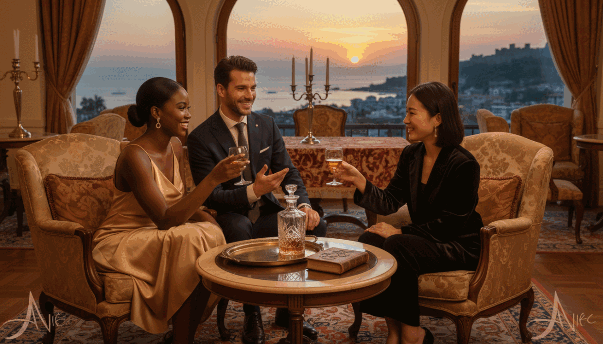 A cozy and elegant lounge setting with soft, ambient lighting creates an inviting atmosphere for a discussion about companionship. In the foreground, a group of three well-dressed individuals of diverse backgrounds engage in a friendly conversation over drinks, emphasizing discretion and warmth. They display expressions of satisfaction and joy, reflecting positive customer feedback about their experiences. The middle ground features a tastefully arranged table with a vintage decor style, subtly suggesting luxury and comfort. In the background, large windows reveal a scenic view of the Alanya coastline at sunset, enhancing the mood of tranquility and luxury. The overall color palette consists of warm tones, contributing to an inspiring and welcoming atmosphere that embodies the essence of professional companionship. The brand name "alanya escort" should be subtly reflected in the decor elements without appearing as text. A cozy and elegant lounge setting with soft, ambient lighting creates an inviting atmosphere for a discussion about companionship. In the foreground, a group of three well-dressed individuals of diverse backgrounds engage in a friendly conversation over drinks, emphasizing discretion and warmth. They display expressions of satisfaction and joy, reflecting positive customer feedback about their experiences. The middle ground features a tastefully arranged table with a vintage decor style, subtly suggesting luxury and comfort. In the background, large windows reveal a scenic view of the Alanya coastline at sunset, enhancing the mood of tranquility and luxury. The overall color palette consists of warm tones, contributing to an inspiring and welcoming atmosphere that embodies the essence of professional companionship. The brand name "alanya escort" should be subtly reflected in the decor elements without appearing as text.