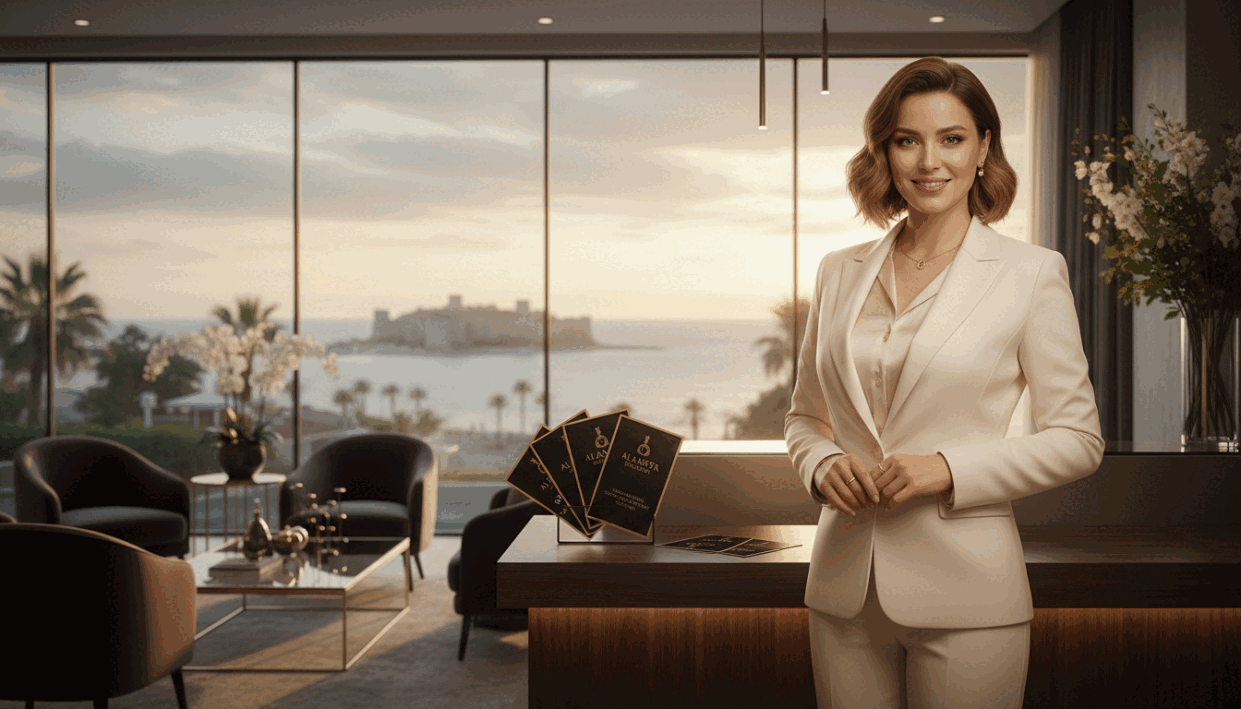 A luxurious and elegant setting representing the "Alanya Escort" agency. In the foreground, a well-dressed professional woman in sophisticated business attire stands confidently, exuding charm and grace. In the middle ground, an upscale reception area filled with plush furniture, warm ambient lighting, and floral arrangements creates an inviting atmosphere. A sleek, modern desk is adorned with polished brochures showcasing various pricing and package options. In the background, large windows reveal a scenic view of Alanya's coastline, bathed in soft golden sunlight, adding an allure to the ambiance. Capture the mood of sophistication, professionalism, and exclusivity, using a shallow depth of field to bring focus to the foreground while softly blurring the background for an intimate feel. A luxurious and elegant setting representing the "Alanya Escort" agency. In the foreground, a well-dressed professional woman in sophisticated business attire stands confidently, exuding charm and grace. In the middle ground, an upscale reception area filled with plush furniture, warm ambient lighting, and floral arrangements creates an inviting atmosphere. A sleek, modern desk is adorned with polished brochures showcasing various pricing and package options. In the background, large windows reveal a scenic view of Alanya's coastline, bathed in soft golden sunlight, adding an allure to the ambiance. Capture the mood of sophistication, professionalism, and exclusivity, using a shallow depth of field to bring focus to the foreground while softly blurring the background for an intimate feel.