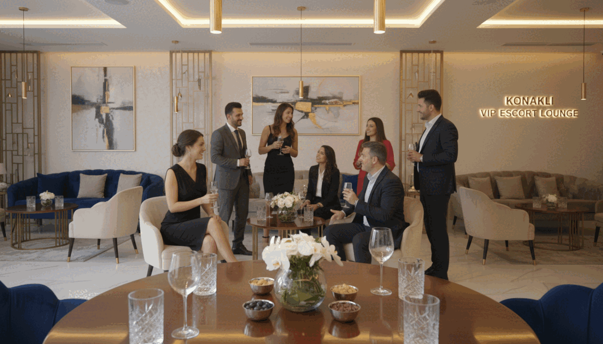 A luxurious and inviting interior of a high-end lounge in Konaklı, showcasing a stylish and sophisticated atmosphere. In the foreground, a beautifully set table adorned with elegant glassware and tasteful floral arrangements, indicating a refined social environment. In the middle, a group of diverse individuals dressed in professional business attire, engaged in pleasant conversations and laughter, embodying the upscale escort experience offered by "konaklı escort." The background features modern decor with soft, warm lighting creating a welcoming ambiance. The scene is illuminated by gentle, overhead lights, casting a soft glow on polished surfaces. The overall mood is relaxed yet upscale, reflecting an unique VIP escort experience in Konaklı, inviting and sophisticated. A luxurious and inviting interior of a high-end lounge in Konaklı, showcasing a stylish and sophisticated atmosphere. In the foreground, a beautifully set table adorned with elegant glassware and tasteful floral arrangements, indicating a refined social environment. In the middle, a group of diverse individuals dressed in professional business attire, engaged in pleasant conversations and laughter, embodying the upscale escort experience offered by "konaklı escort." The background features modern decor with soft, warm lighting creating a welcoming ambiance. The scene is illuminated by gentle, overhead lights, casting a soft glow on polished surfaces. The overall mood is relaxed yet upscale, reflecting an unique VIP escort experience in Konaklı, inviting and sophisticated.