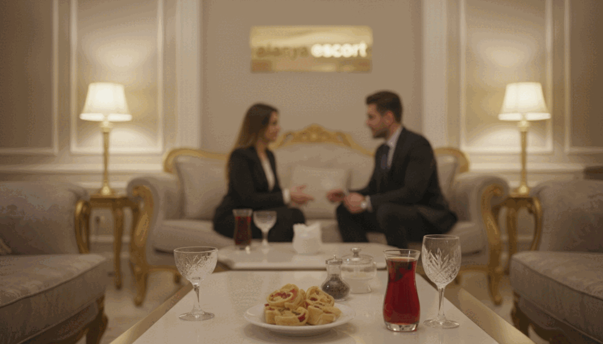 A luxurious and inviting scene that represents the diversity of services offered by "alanya escort". In the foreground, a tastefully arranged table displays an exquisite selection of refreshments, elegantly presented in fine glassware, symbolizing premium service. In the middle ground, a well-dressed professional discussing options with a client, both in business attire, conveying trust and sophistication. The background features a beautifully designed lounge area with plush seating, warm ambient lighting that creates an inviting atmosphere. Soft focus enhances the atmosphere of exclusivity and comfort, while a soft glow from elegant lamps casts a warm, welcoming light throughout the scene. The overall mood is one of luxury and professionalism, reflecting a wealth of service options for discerning clients.