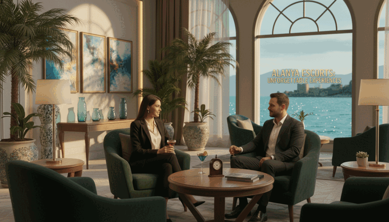 A luxurious and serene scene in Alanya, featuring an elegantly designed upscale lounge setting, characterized by plush seating and ambient lighting. In the foreground, a professional escort dressed in sophisticated business attire engages in a warm conversation with a guest, exuding a welcoming and friendly atmosphere. The middle features stylish decor, including exotic plants and tasteful artwork, emphasizing a high-end experience. In the background, glimpses of the picturesque Alanya coastline through large windows enhance the luxurious feel, with soft, natural light streaming in. The overall mood is indulgent and inviting, highlighting the essence of "alanya escort" services as an opportunity for unforgettable experiences. The image captures refined elegance and a sense of connection, perfect for illustrating exclusive services. A luxurious and serene scene in Alanya, featuring an elegantly designed upscale lounge setting, characterized by plush seating and ambient lighting. In the foreground, a professional escort dressed in sophisticated business attire engages in a warm conversation with a guest, exuding a welcoming and friendly atmosphere. The middle features stylish decor, including exotic plants and tasteful artwork, emphasizing a high-end experience. In the background, glimpses of the picturesque Alanya coastline through large windows enhance the luxurious feel, with soft, natural light streaming in. The overall mood is indulgent and inviting, highlighting the essence of "alanya escort" services as an opportunity for unforgettable experiences. The image captures refined elegance and a sense of connection, perfect for illustrating exclusive services.