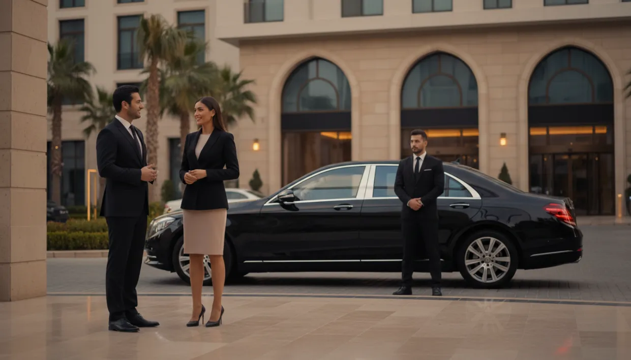 A luxurious and sophisticated scene depicting VIP escort services in Konaklı, emphasizing professionalism and exclusivity. In the foreground, two elegantly dressed individuals in business attire, exuding confidence and charm, engage in conversation outside a high-end hotel, showcasing the essence of "konaklı escort." The middle ground features a sleek black car with a well-dressed security professional standing nearby, exuding a sense of protection and safety for the clients. The background features a stylish hotel facade bathed in soft golden light during twilight, enhancing the upscale atmosphere. The overall mood is refined and exclusive, capturing the unique experiences offered by VIP escort services in Konaklı. The image is well-lit, with a focus on warm tones, creating an inviting and luxurious ambiance. A luxurious and sophisticated scene depicting VIP escort services in Konaklı, emphasizing professionalism and exclusivity. In the foreground, two elegantly dressed individuals in business attire, exuding confidence and charm, engage in conversation outside a high-end hotel, showcasing the essence of "konaklı escort." The middle ground features a sleek black car with a well-dressed security professional standing nearby, exuding a sense of protection and safety for the clients. The background features a stylish hotel facade bathed in soft golden light during twilight, enhancing the upscale atmosphere. The overall mood is refined and exclusive, capturing the unique experiences offered by VIP escort services in Konaklı. The image is well-lit, with a focus on warm tones, creating an inviting and luxurious ambiance.