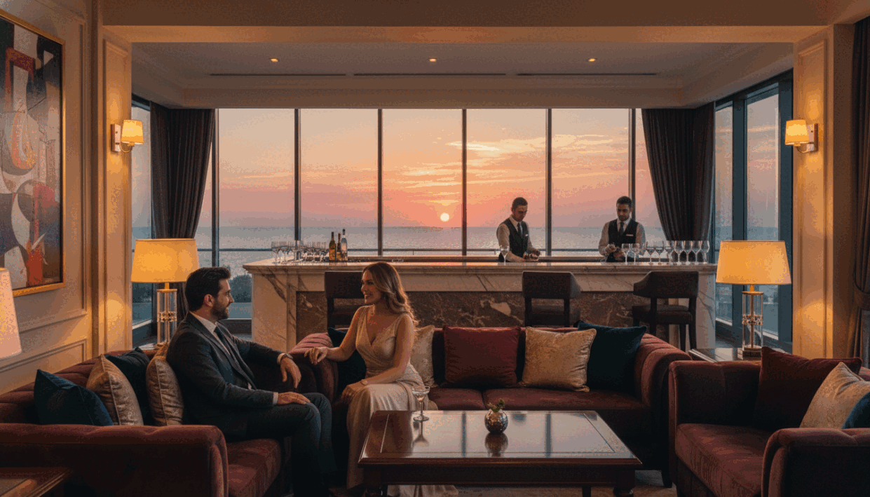 A luxurious and welcoming scene representing "Mahmutlar Escort" services, highlighting elegant interiors of a high-end lounge. In the foreground, a well-dressed professional couple converse comfortably, showcasing a range of expressions that convey satisfaction and enjoyment. They are seated on plush sofas surrounded by tasteful decor, including soft lighting and modern art pieces on the walls. In the middle ground, a discreet bar area serves fine beverages, with attentive staff in stylish uniforms. The background reveals large windows with a view of the stunning Mahmutlar coastline at sunset, casting a warm, inviting glow throughout the space. The atmosphere is sophisticated and relaxed, evoking a sense of exceptional service and unique experiences. Use a warm color palette to enhance the mood. A luxurious and welcoming scene representing "Mahmutlar Escort" services, highlighting elegant interiors of a high-end lounge. In the foreground, a well-dressed professional couple converse comfortably, showcasing a range of expressions that convey satisfaction and enjoyment. They are seated on plush sofas surrounded by tasteful decor, including soft lighting and modern art pieces on the walls. In the middle ground, a discreet bar area serves fine beverages, with attentive staff in stylish uniforms. The background reveals large windows with a view of the stunning Mahmutlar coastline at sunset, casting a warm, inviting glow throughout the space. The atmosphere is sophisticated and relaxed, evoking a sense of exceptional service and unique experiences. Use a warm color palette to enhance the mood.