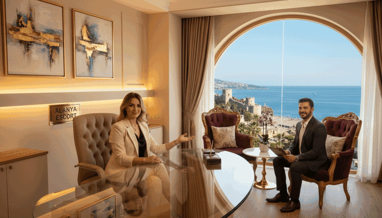 A luxurious, elegant scene depicting a welcoming office environment of the "alanya escort" agency. In the foreground, a stylishly dressed professional woman in smart business attire sits at a sleek glass desk, engaging with a client. Her demeanor is calm and approachable, exuding confidence. In the middle, plush seating areas with soft, warm lighting create an inviting atmosphere, showcasing tasteful decor such as framed artwork and soft, ambient lighting. In the background, a large window reveals a stunning view of Alanya's beautiful coastline, with blue skies and the Mediterranean Sea sparkling in the sunlight. The overall mood is sophisticated and respectful, emphasizing the elite nature of the escort service while maintaining professionalism. The image is captured with a warm color palette, enhancing the inviting ambiance. A luxurious, elegant scene depicting a welcoming office environment of the "alanya escort" agency. In the foreground, a stylishly dressed professional woman in smart business attire sits at a sleek glass desk, engaging with a client. Her demeanor is calm and approachable, exuding confidence. In the middle, plush seating areas with soft, warm lighting create an inviting atmosphere, showcasing tasteful decor such as framed artwork and soft, ambient lighting. In the background, a large window reveals a stunning view of Alanya's beautiful coastline, with blue skies and the Mediterranean Sea sparkling in the sunlight. The overall mood is sophisticated and respectful, emphasizing the elite nature of the escort service while maintaining professionalism. The image is captured with a warm color palette, enhancing the inviting ambiance.