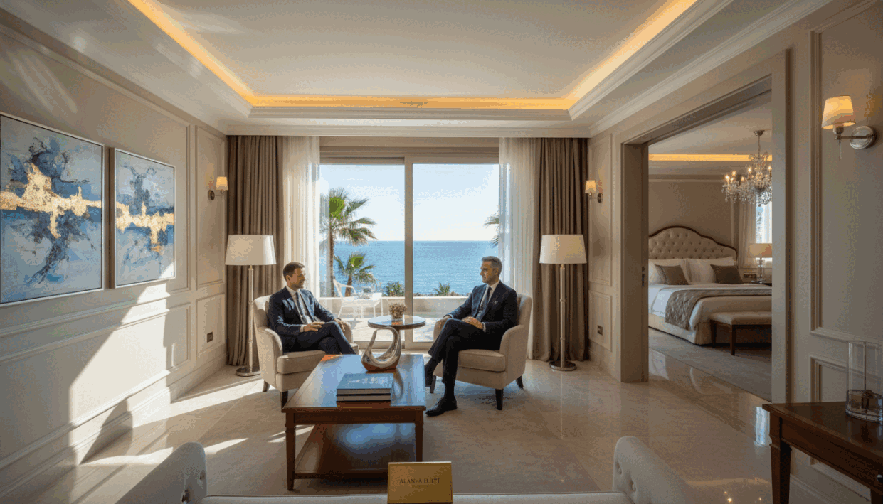 A luxurious interior of an upscale accommodation in Alanya, showcasing elegant furnishings and tasteful decor. In the foreground, a stylish sitting area with plush chairs, a modern coffee table, and elegant art pieces. In the middle, a large window reveals a stunning ocean view with palm trees swaying under the bright sun, casting gentle shadows inside. The lighting is warm and inviting, creating a serene atmosphere. Add soft, ambient light fixtures that enhance the luxury feel. In the background, a glimpse of a lavish bedroom can be seen through an open door, emphasizing comfort and sophistication. The scene should capture the essence of "alanya escort" services, appealing to a discerning clientele seeking an exclusive experience. Ensure all human subjects are dressed in professional business attire, ensuring a polished and upscale appearance.