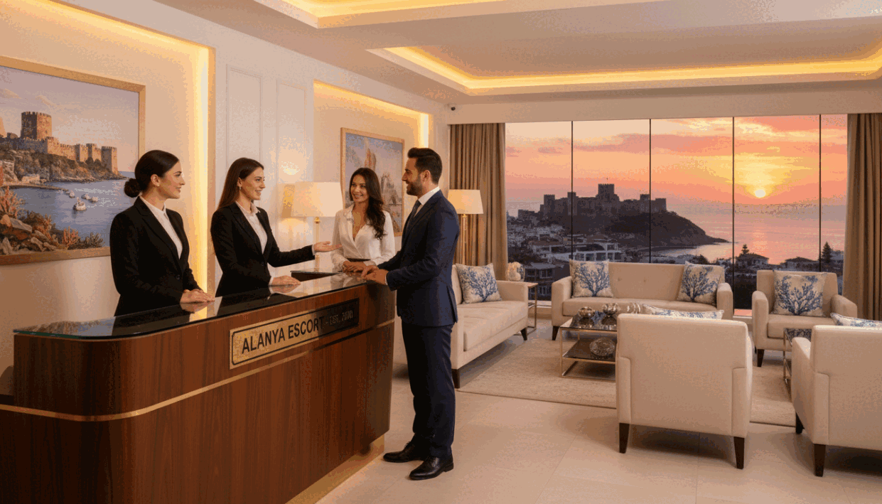 A luxurious, professional setting representing "Alanya Escort" agency services in Alanya, Turkey. In the foreground, a tasteful reception area with a polished wooden desk, where staff in smart business attire greet clients with warm smiles. In the middle ground, an elegant lounge with comfortable seating, tastefully decorated with subtle coastal themes reflecting Alanya’s charm. Soft lighting enhances a sophisticated atmosphere, inviting trust and exclusivity. In the background, large windows reveal a picturesque view of Alanya's beautiful coastlines, with the sun setting in vibrant hues of orange and pink, casting a welcoming glow throughout the space. The image captures a sense of quality, safety, and professionalism, ideal for the context of escort services. A luxurious, professional setting representing "Alanya Escort" agency services in Alanya, Turkey. In the foreground, a tasteful reception area with a polished wooden desk, where staff in smart business attire greet clients with warm smiles. In the middle ground, an elegant lounge with comfortable seating, tastefully decorated with subtle coastal themes reflecting Alanya’s charm. Soft lighting enhances a sophisticated atmosphere, inviting trust and exclusivity. In the background, large windows reveal a picturesque view of Alanya's beautiful coastlines, with the sun setting in vibrant hues of orange and pink, casting a welcoming glow throughout the space. The image captures a sense of quality, safety, and professionalism, ideal for the context of escort services.
