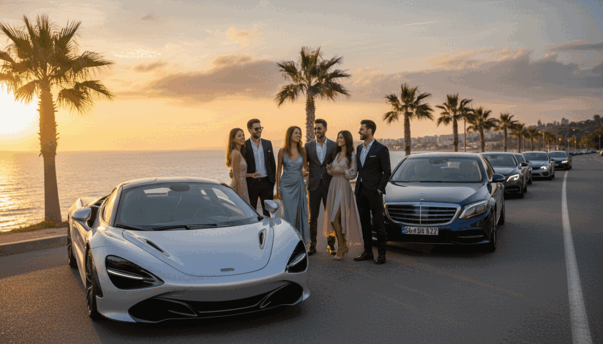 A luxurious scene featuring elegant high-end cars parked along a scenic coastal road in Alanya, showcasing stunning views of the Mediterranean Sea. In the foreground, pristine, shiny vehicles like a sleek sports car and a sophisticated sedan reflect golden sunlight. The middle ground includes well-dressed young professionals in stylish business attire, smiling and conversing, embodying the services of "alanya escort" branded offerings. They overlook the vibrant seaside, with palm trees swaying gently in the breeze. The background displays a picturesque sunset, casting warm hues of orange and pink across the sky, creating a relaxed yet opulent atmosphere. Soft, ambient lighting enhances the inviting feel, while the depth of field focuses on the characters and vehicles, allowing the gorgeous landscape to softly blur behind them, ensuring a captivating visual narrative without any text or clutter. A luxurious scene featuring elegant high-end cars parked along a scenic coastal road in Alanya, showcasing stunning views of the Mediterranean Sea. In the foreground, pristine, shiny vehicles like a sleek sports car and a sophisticated sedan reflect golden sunlight. The middle ground includes well-dressed young professionals in stylish business attire, smiling and conversing, embodying the services of "alanya escort" branded offerings. They overlook the vibrant seaside, with palm trees swaying gently in the breeze. The background displays a picturesque sunset, casting warm hues of orange and pink across the sky, creating a relaxed yet opulent atmosphere. Soft, ambient lighting enhances the inviting feel, while the depth of field focuses on the characters and vehicles, allowing the gorgeous landscape to softly blur behind them, ensuring a captivating visual narrative without any text or clutter.