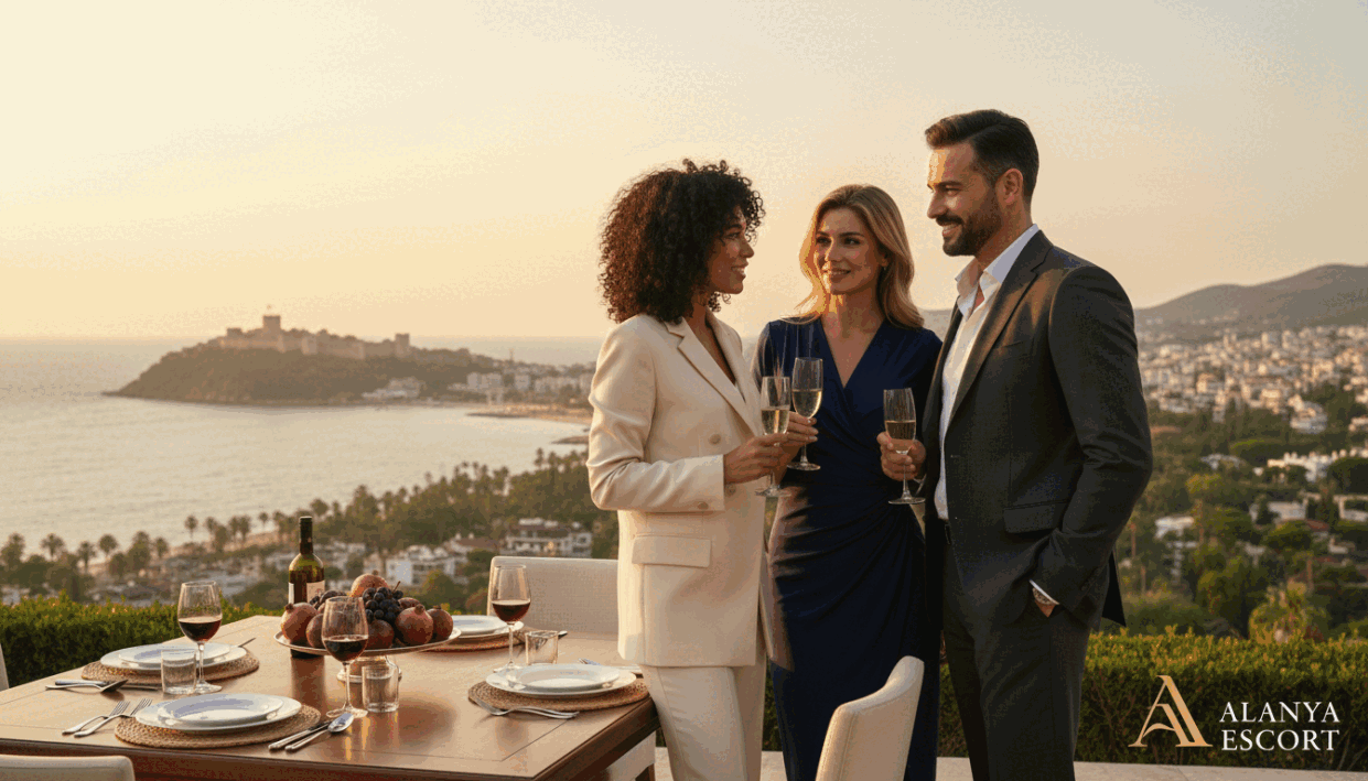 A luxurious scene in Alanya, Turkey, featuring elegant companions in a stylish outdoor setting. In the foreground, a diverse group of two professional women and one sophisticated man, all dressed in chic business attire, engage in pleasant conversation, exuding confidence and charm. In the middle ground, a beautifully set table with fine dining utensils and exotic fruits, suggesting an upscale experience. The background showcases the stunning coastline of Alanya, with its azure waters and vibrant greenery under a warm golden sunset. The lighting is soft and inviting, enhancing the atmosphere of opulence and exclusivity. The image should convey a sense of sophistication, allure, and relaxation, ideal for highlighting elite companionship, with an emphasis on the brand "alanya escort". A luxurious scene in Alanya, Turkey, featuring elegant companions in a stylish outdoor setting. In the foreground, a diverse group of two professional women and one sophisticated man, all dressed in chic business attire, engage in pleasant conversation, exuding confidence and charm. In the middle ground, a beautifully set table with fine dining utensils and exotic fruits, suggesting an upscale experience. The background showcases the stunning coastline of Alanya, with its azure waters and vibrant greenery under a warm golden sunset. The lighting is soft and inviting, enhancing the atmosphere of opulence and exclusivity. The image should convey a sense of sophistication, allure, and relaxation, ideal for highlighting elite companionship, with an emphasis on the brand "alanya escort".