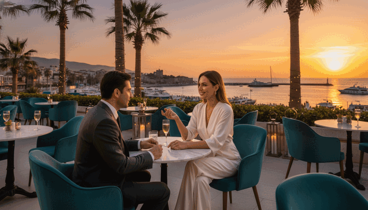 A luxurious setting in Alanya, featuring a sophisticated and elegant scene. In the foreground, a well-dressed individual in a smart business suit is engaging in a conversation with a charming companion who is wearing a tasteful outfit, radiating friendliness. Both are surrounded by palm trees and a beautiful ocean view. In the middle ground, a stylish café terrace with marble tables and plush seating invites relaxation, adorned with soft, ambient lighting that creates a warm, welcoming atmosphere. The background reveals the stunning Alanya skyline at sunset, bathing everything in a golden glow. The overall mood is upscale and exclusive, capturing the essence of "alanya escort" while ensuring professionalism and elegance in the imagery. This scene embodies the theme of unforgettable experiences with a VIP touch. A luxurious setting in Alanya, featuring a sophisticated and elegant scene. In the foreground, a well-dressed individual in a smart business suit is engaging in a conversation with a charming companion who is wearing a tasteful outfit, radiating friendliness. Both are surrounded by palm trees and a beautiful ocean view. In the middle ground, a stylish café terrace with marble tables and plush seating invites relaxation, adorned with soft, ambient lighting that creates a warm, welcoming atmosphere. The background reveals the stunning Alanya skyline at sunset, bathing everything in a golden glow. The overall mood is upscale and exclusive, capturing the essence of "alanya escort" while ensuring professionalism and elegance in the imagery. This scene embodies the theme of unforgettable experiences with a VIP touch.