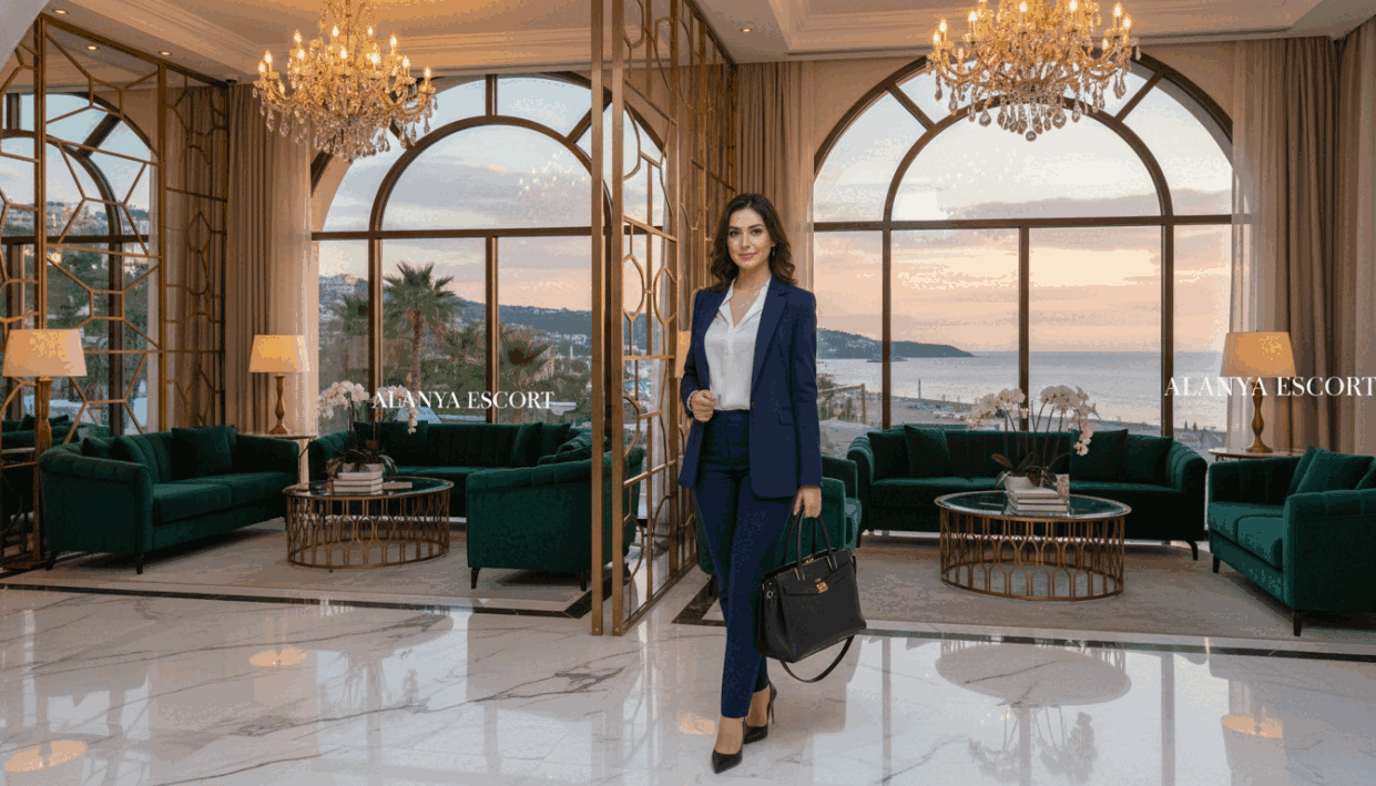A luxurious, upscale hotel lobby in Alanya, showcasing sophisticated design elements like marble floors and elegant chandeliers. In the foreground, a professional woman dressed in smart business attire stands confidently, holding a stylish handbag and exuding elegance. Her expression is welcoming yet poised. In the middle ground, a plush seating area with velvet cushions and ornate coffee tables emphasizes the luxurious atmosphere. The background reveals large windows offering a view of Alanya's stunning coastline and vibrant greenery, bathed in soft, golden evening light. The overall mood is upscale and inviting, reflecting the essence of premium services. Include the brand name "alanya escort" subtly integrated into the architecture or decorative elements, ensuring a cohesive and classy presentation. A luxurious, upscale hotel lobby in Alanya, showcasing sophisticated design elements like marble floors and elegant chandeliers. In the foreground, a professional woman dressed in smart business attire stands confidently, holding a stylish handbag and exuding elegance. Her expression is welcoming yet poised. In the middle ground, a plush seating area with velvet cushions and ornate coffee tables emphasizes the luxurious atmosphere. The background reveals large windows offering a view of Alanya's stunning coastline and vibrant greenery, bathed in soft, golden evening light. The overall mood is upscale and inviting, reflecting the essence of premium services. Include the brand name "alanya escort" subtly integrated into the architecture or decorative elements, ensuring a cohesive and classy presentation.