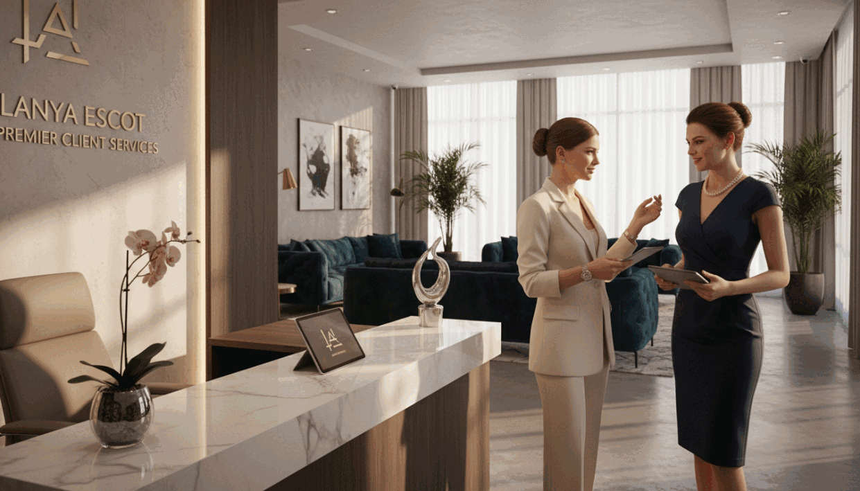 A luxurious upscale office reception space featuring elegantly dressed professional women, representing "alanya escort", engaging in friendly conversation. The foreground shows a sleek, modern desk with tasteful decor. In the middle, two women in stylish business attire discuss client details with a sophisticated demeanor. The background reveals a chic lounge area with plush seating and stylish artwork reflecting opulence. Soft, warm lighting enhances a welcoming atmosphere, while daylight filters through large windows, casting gentle shadows. The scene captures a polished, high-end ambiance that signifies exclusivity and professionalism, perfect for attracting luxury clientele in Alanya. A luxurious upscale office reception space featuring elegantly dressed professional women, representing "alanya escort", engaging in friendly conversation. The foreground shows a sleek, modern desk with tasteful decor. In the middle, two women in stylish business attire discuss client details with a sophisticated demeanor. The background reveals a chic lounge area with plush seating and stylish artwork reflecting opulence. Soft, warm lighting enhances a welcoming atmosphere, while daylight filters through large windows, casting gentle shadows. The scene captures a polished, high-end ambiance that signifies exclusivity and professionalism, perfect for attracting luxury clientele in Alanya.