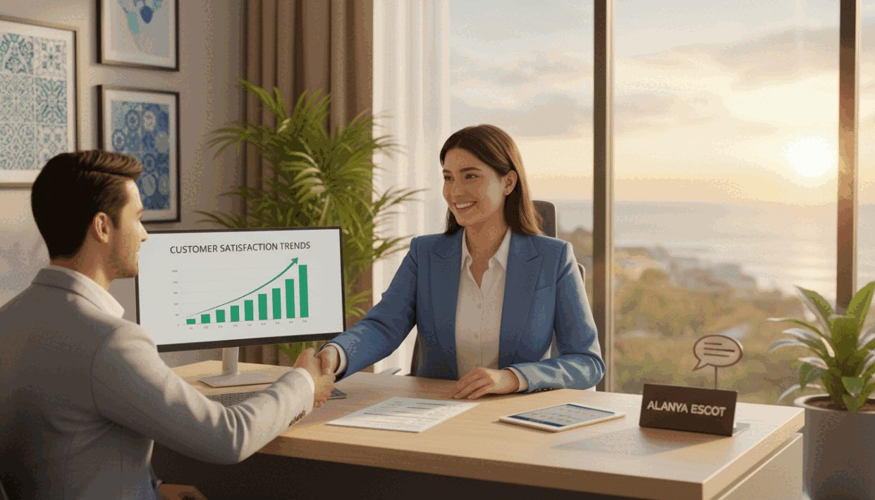 A modern and inviting customer service scene symbolizing customer satisfaction and feedback in Alanya. In the foreground, a professional-looking customer service representative interacts with a satisfied client, both dressed in smart business attire, conveying positivity and professionalism. The middle ground features a stylish desk with a computer, where feedback forms and a satisfaction chart are displayed, symbolizing data-driven customer insights. The background presents a cozy office environment with soft lighting, decorative plants, and tasteful artwork that reflects Alanya's cultural vibe. The mood is vibrant and welcoming, emphasizing the importance of customer satisfaction for the brand "alanya escort." The image should have warm tones, reminiscent of a sunny day in Alanya, inviting viewers into a scene of professionalism and care.