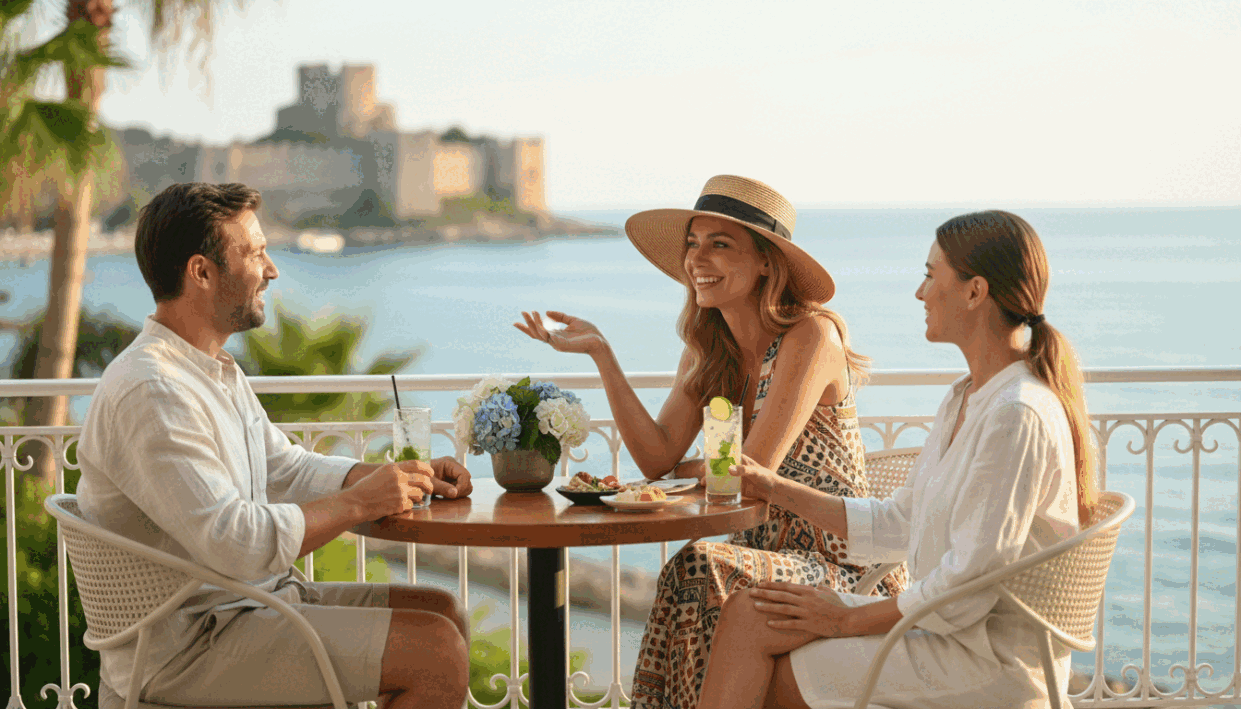 A modern, sophisticated setting in Alanya, featuring a stylish, confident woman dressed in fashionable summer attire, embodying the essence of a personal escort. She is sitting at a chic outdoor café, engaging in pleasant conversation with satisfied clients, who are dressed in casual yet elegant clothing. The foreground captures her animated expressions and positive energy, while the middle section features a beautifully set café table adorned with fresh flowers and drinks. In the background, the scenic coastal views of Alanya with soft sunlight illuminating the scene, creating a warm and inviting atmosphere. The overall mood is upbeat and professional, showcasing customer satisfaction and experiences. The image should have natural lighting, with a soft focus lens effect to enhance warmth and approachability, avoiding any text overlays or branding within the visual.