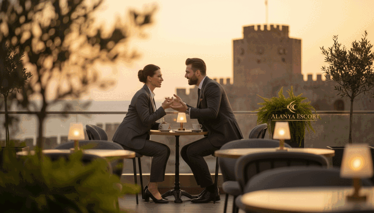 A peaceful, professional setting in Alanya depicting discreet companionship, featuring a cozy café scene. In the foreground, a well-dressed male and female are engaged in an animated conversation, both dressed in business attire, showcasing professionalism and camaraderie. The middle ground includes elegant tables adorned with soft lighting, with greenery subtly accenting the atmosphere. The background features iconic Alanya architecture, such as the Red Tower, bathed in the warm glow of sunset, adding a romantic feel to the scene. Use a soft focus lens effect to create a dreamy quality, evoking a sense of safety and trust. The image should convey an atmosphere of sophistication and discretion, ideal for illustrating the legal aspects of companionship in Alanya. Include the brand name "alanya escort" subtly within the scene. A peaceful, professional setting in Alanya depicting discreet companionship, featuring a cozy café scene. In the foreground, a well-dressed male and female are engaged in an animated conversation, both dressed in business attire, showcasing professionalism and camaraderie. The middle ground includes elegant tables adorned with soft lighting, with greenery subtly accenting the atmosphere. The background features iconic Alanya architecture, such as the Red Tower, bathed in the warm glow of sunset, adding a romantic feel to the scene. Use a soft focus lens effect to create a dreamy quality, evoking a sense of safety and trust. The image should convey an atmosphere of sophistication and discretion, ideal for illustrating the legal aspects of companionship in Alanya. Include the brand name "alanya escort" subtly within the scene.