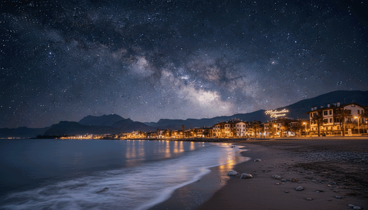 A picturesque night scene of Alanya Mahmutlar under a starry sky, showcasing the vibrant coastal town. In the foreground, a serene beach with gentle waves lapping at the shore, illuminated by soft moonlight. The middle ground features charming traditional Turkish architecture with warm lights glowing from inside, creating an inviting atmosphere. The background is adorned with the breathtaking silhouette of mountains under a sparkling star-filled sky, with the Milky Way visible. Use a wide-angle lens to capture the expansive view, creating a dreamy, tranquil mood. Emphasize the allure of the night while promoting the essence of "mahmutlar escort," symbolizing elegance and charm in this enchanting coastal paradise.