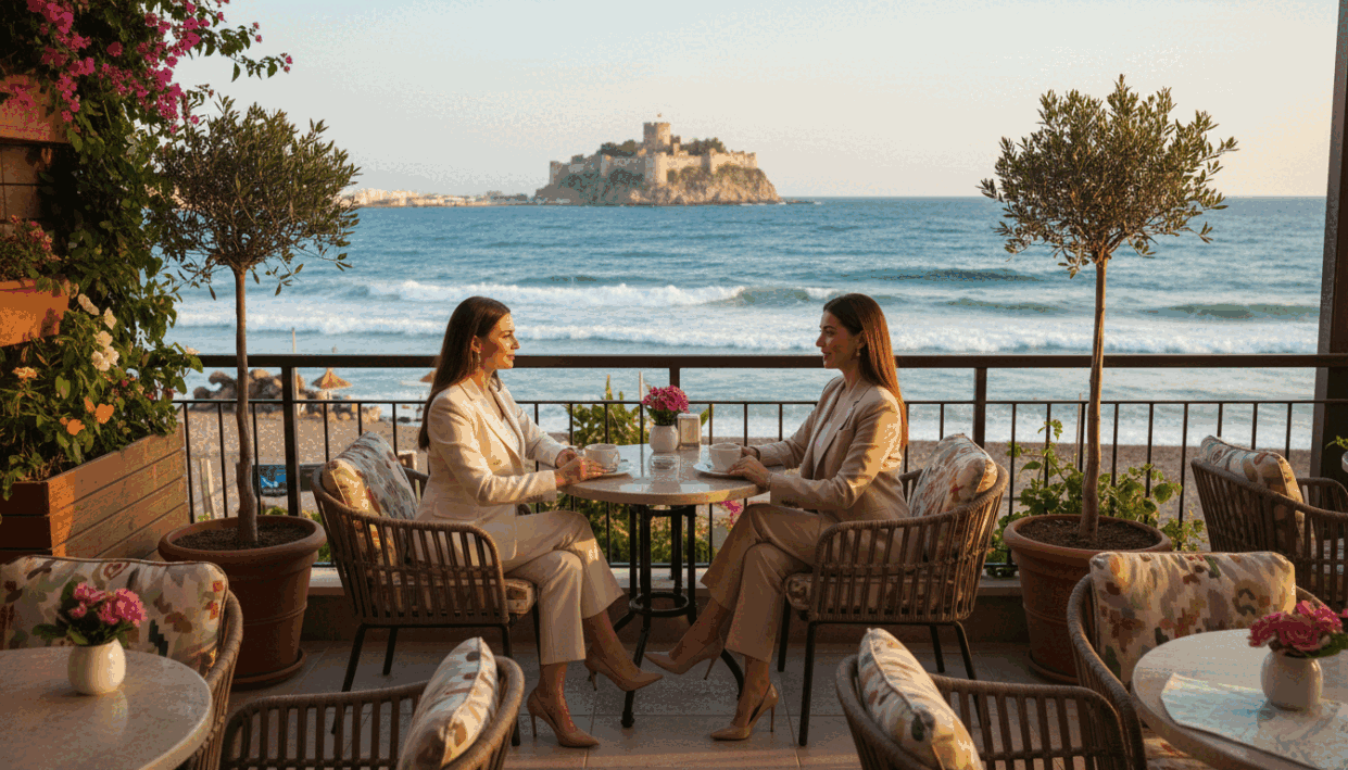 A picturesque scene depicting elegant escort companions in Alanya, Turkey. In the foreground, two professional women in stylish business attire engage in a sophisticated conversation, exuding confidence and charm. They are surrounded by a vibrant café atmosphere with tasteful decor, exotic plants, and soft seating. The middle ground features a sun-kissed terrace overlooking the Mediterranean Sea, with gentle waves lapping at the shore under a clear blue sky. The background includes the iconic Alanya Castle perched on a hill, bathed in warm afternoon light. The image conveys a sense of luxury, elegance, and the allure of Alanya escort services, inviting viewers into a world of refined companionship. The lighting should be warm and inviting, creating a serene yet vibrant mood. A picturesque scene depicting elegant escort companions in Alanya, Turkey. In the foreground, two professional women in stylish business attire engage in a sophisticated conversation, exuding confidence and charm. They are surrounded by a vibrant café atmosphere with tasteful decor, exotic plants, and soft seating. The middle ground features a sun-kissed terrace overlooking the Mediterranean Sea, with gentle waves lapping at the shore under a clear blue sky. The background includes the iconic Alanya Castle perched on a hill, bathed in warm afternoon light. The image conveys a sense of luxury, elegance, and the allure of Alanya escort services, inviting viewers into a world of refined companionship. The lighting should be warm and inviting, creating a serene yet vibrant mood.