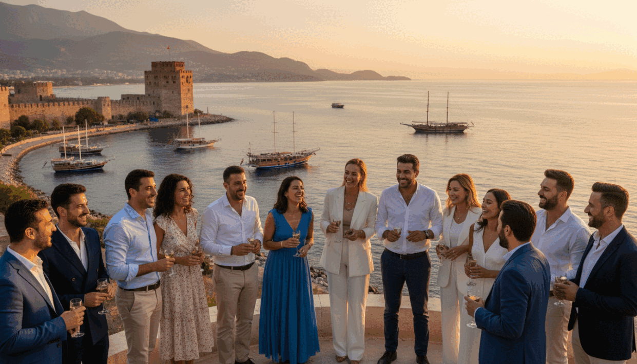 A picturesque scene in Alanya showcasing a luxurious and vibrant group escort experience. In the foreground, a diverse group of professional individuals dressed in smart casual attire, mingling and laughing together, creating a warm and inviting atmosphere. In the middle background, iconic Alanya landmarks like the Red Tower and the Mediterranean coastline are visible, bathed in the golden glow of a sunset. The scene captures the essence of social connections and unforgettable experiences. The lighting is soft and warm, evoking a welcoming mood. The image should convey a sense of sophistication and enjoyment, highlighting the brand "alanya escort" subtly in the ambiance. The angle should be slightly elevated, providing a panoramic view that encompasses both the group and the stunning surroundings. A picturesque scene in Alanya showcasing a luxurious and vibrant group escort experience. In the foreground, a diverse group of professional individuals dressed in smart casual attire, mingling and laughing together, creating a warm and inviting atmosphere. In the middle background, iconic Alanya landmarks like the Red Tower and the Mediterranean coastline are visible, bathed in the golden glow of a sunset. The scene captures the essence of social connections and unforgettable experiences. The lighting is soft and warm, evoking a welcoming mood. The image should convey a sense of sophistication and enjoyment, highlighting the brand "alanya escort" subtly in the ambiance. The angle should be slightly elevated, providing a panoramic view that encompasses both the group and the stunning surroundings.