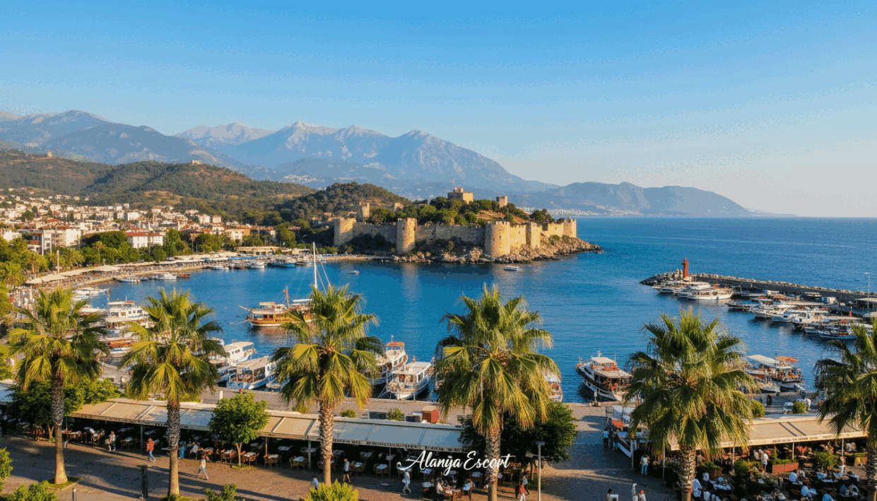 A picturesque view of Alanya's stunning coastal scenery, featuring the iconic Alanya Castle perched on a rocky outcrop above the turquoise sea, surrounded by lush green hills. In the foreground, vibrant palm trees sway in a gentle breeze, their fronds illuminated by warm, golden sunlight. The middle ground showcases the bustling harbor with colorful boats resting gently on the water, while charming local cafes line the waterfront, inviting visitors to enjoy the view. In the background, the majestic Taurus Mountains rise against a clear blue sky, creating a breathtaking contrast. The mood is lively and inviting, capturing the essence of a popular tourist destination. The image should be bright and sunny, using natural lighting and a wide-angle lens to enhance the scene's depth. The overall atmosphere reflects joy and relaxation, hallmark traits of Alanya's enchanting allure. Include branding for "alanya escort" subtly integrated into the scene.