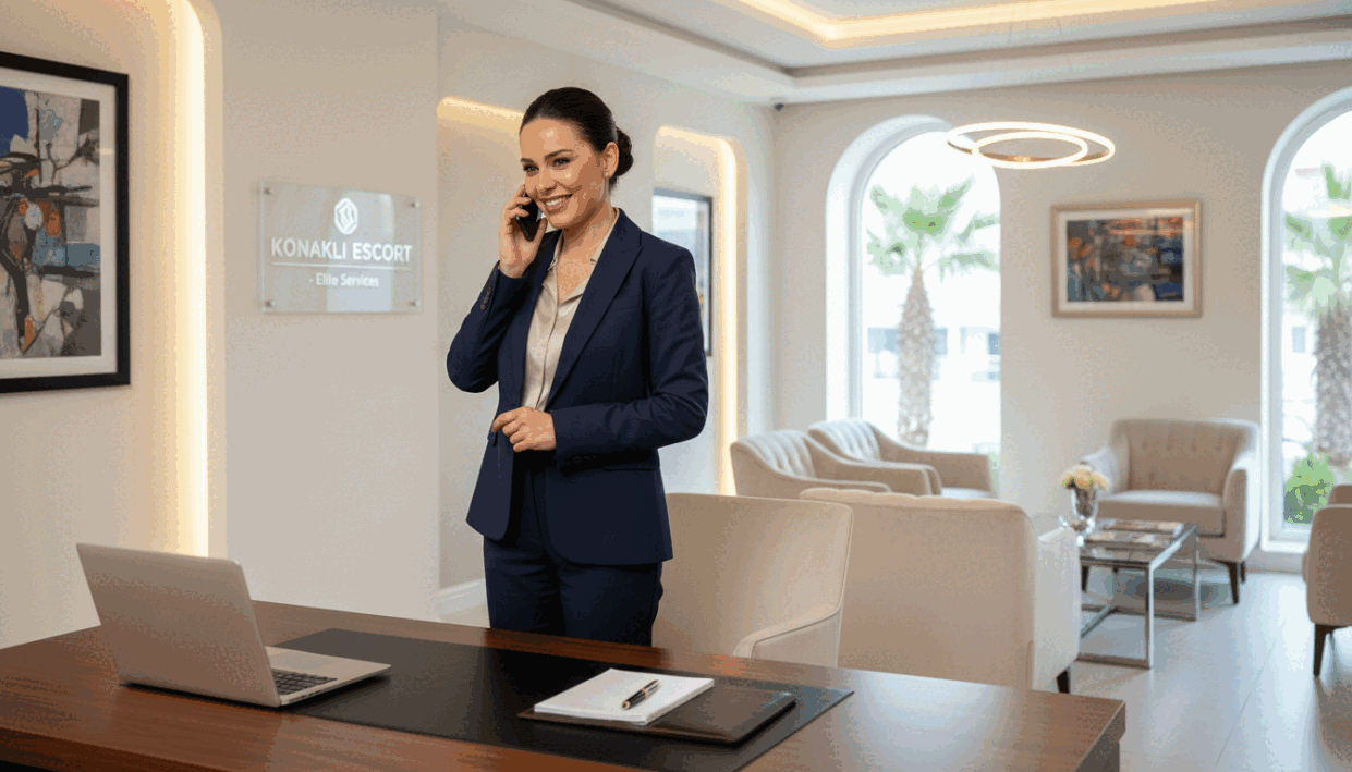A professional and elegant office setting in Konaklı, showcasing a high-end escort agency named "konaklı escort." In the foreground, an upscale desk with a modern laptop, a neatly arranged notepad, and a stylish pen. In the middle ground, a well-dressed businesswoman in a tailored suit, smiling warmly while on a phone call, exuding professionalism and approachability. The background features a tastefully decorated waiting area with plush seating, soft lighting, and tasteful artwork on the walls, creating a welcoming atmosphere. Natural light filters through large windows, casting a soft glow throughout the space. The overall mood conveys sophistication, customer satisfaction, and effective communication in a high-quality service environment. A professional and elegant office setting in Konaklı, showcasing a high-end escort agency named "konaklı escort." In the foreground, an upscale desk with a modern laptop, a neatly arranged notepad, and a stylish pen. In the middle ground, a well-dressed businesswoman in a tailored suit, smiling warmly while on a phone call, exuding professionalism and approachability. The background features a tastefully decorated waiting area with plush seating, soft lighting, and tasteful artwork on the walls, creating a welcoming atmosphere. Natural light filters through large windows, casting a soft glow throughout the space. The overall mood conveys sophistication, customer satisfaction, and effective communication in a high-quality service environment.