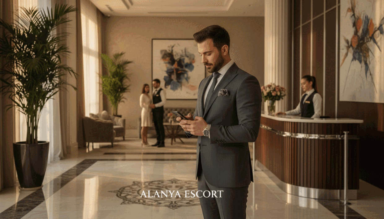 A professional and elegant scene depicting a high-end escort appointment process in Alanya, showcasing a luxurious hotel lobby as the background. In the foreground, a well-dressed individual in a tailored suit, exuding confidence and professionalism, is checking a smartphone for appointment details. The middle layer features a stylish reception desk with an attentive concierge assisting guests. Soft, ambient lighting creates a warm and inviting atmosphere, highlighting the sophisticated décor. Capture the essence of discretion and exclusivity associated with "alanya escort" services, with subtle opulence in design elements like marble floors and chrome accents. The overall mood should be classy, sophisticated, and respectful, emphasizing professionalism in the escort industry.
