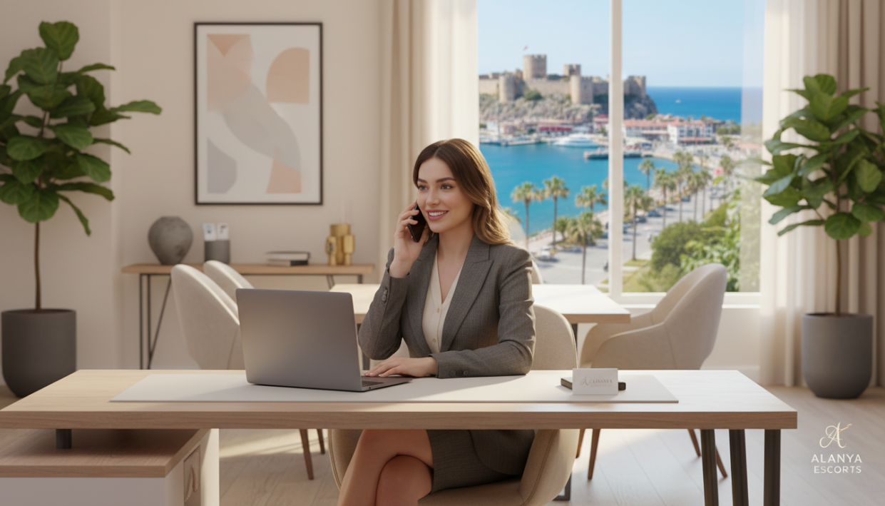 A professional and elegant scene depicting communication and appointment setting for Alanya escort services. In the foreground, a well-dressed woman in a smart business attire, seated at a stylish desk with a modern laptop open in front of her. She is engaged in a friendly conversation on her phone, showcasing a confident and approachable demeanor. In the middle ground, a vibrant office environment with tasteful decor, such as potted plants and framed artwork, contributing to a welcoming atmosphere. The background features a softly lit window with a view of a sunny Alanya landscape, adding a touch of serenity. The overall mood is inviting and professional, emphasizing the theme of elegance and service. Soft, natural lighting highlights the scene, creating a warm and friendly ambiance.