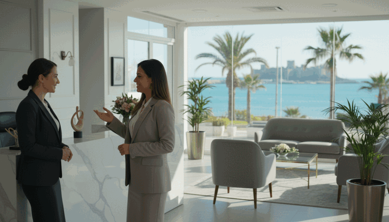 A professional and inviting scene showcasing the concept of an "Alanya Escort" agency. In the foreground, two women dressed in elegant, modest business attire engage in a friendly conversation, demonstrating professionalism and approachability. The middle ground features a stylish office setting with tasteful decor, including potted plants and a sleek reception desk, subtly hinting at the escort agency's services. In the background, large windows reveal a sunny Alanya landscape, with glimpses of the Mediterranean Sea and palm trees, conveying a warm, welcoming atmosphere. The lighting is soft and natural, creating a calm and inviting mood, with a focus on professionalism and safety. The image should be framed as if taken with a 50mm lens from a slightly elevated angle, providing a comprehensive view of the scene without any text or identifying marks. A professional and inviting scene showcasing the concept of an "Alanya Escort" agency. In the foreground, two women dressed in elegant, modest business attire engage in a friendly conversation, demonstrating professionalism and approachability. The middle ground features a stylish office setting with tasteful decor, including potted plants and a sleek reception desk, subtly hinting at the escort agency's services. In the background, large windows reveal a sunny Alanya landscape, with glimpses of the Mediterranean Sea and palm trees, conveying a warm, welcoming atmosphere. The lighting is soft and natural, creating a calm and inviting mood, with a focus on professionalism and safety. The image should be framed as if taken with a 50mm lens from a slightly elevated angle, providing a comprehensive view of the scene without any text or identifying marks.