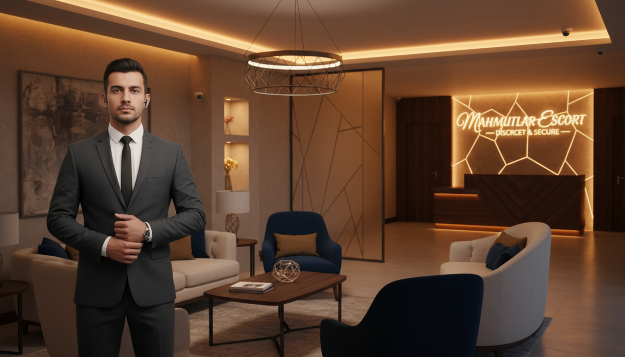 A professional and secure environment representing "mahmutlar escort" services, showcasing a sophisticated yet discreet atmosphere. In the foreground, depict a well-dressed male security guard in a smart suit, standing confidently with a calm demeanor, exuding professionalism and vigilance. The middle ground features an elegantly designed lounge area with tasteful decor, soft ambient lighting, and comfortable seating, emphasizing privacy and comfort for clients. In the background, include subtle hints of security measures, such as discreet surveillance cameras and a well-lit entrance. The overall mood should convey safety, trust, and professionalism, with a warm color palette that promotes a welcoming ambiance, emphasizing the principles of security and confidentiality in the escort service.