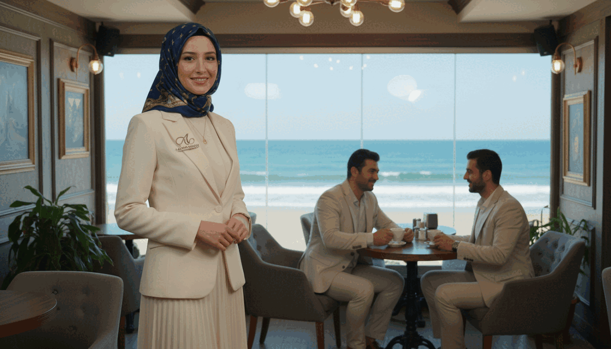 A professional and serene scene featuring a woman in modest, professional attire, representing "alanya escort" services. In the foreground, the woman is standing confidently with a warm smile, wearing a stylish headscarf and a tailored jacket, reflecting dignity and elegance. In the middle ground, a cozy, upscale cafe setting in Alanya, with elegant decor and soft lighting, where the woman is engaging with a client in an approachable manner. The background captures the essence of Alanya's beautiful coastline, with gentle waves and a clear sky, evoking a calm, inviting atmosphere. The overall mood is professional yet warm, with soft, diffused lighting to enhance the welcoming feel of the scene. A professional and serene scene featuring a woman in modest, professional attire, representing "alanya escort" services. In the foreground, the woman is standing confidently with a warm smile, wearing a stylish headscarf and a tailored jacket, reflecting dignity and elegance. In the middle ground, a cozy, upscale cafe setting in Alanya, with elegant decor and soft lighting, where the woman is engaging with a client in an approachable manner. The background captures the essence of Alanya's beautiful coastline, with gentle waves and a clear sky, evoking a calm, inviting atmosphere. The overall mood is professional yet warm, with soft, diffused lighting to enhance the welcoming feel of the scene.