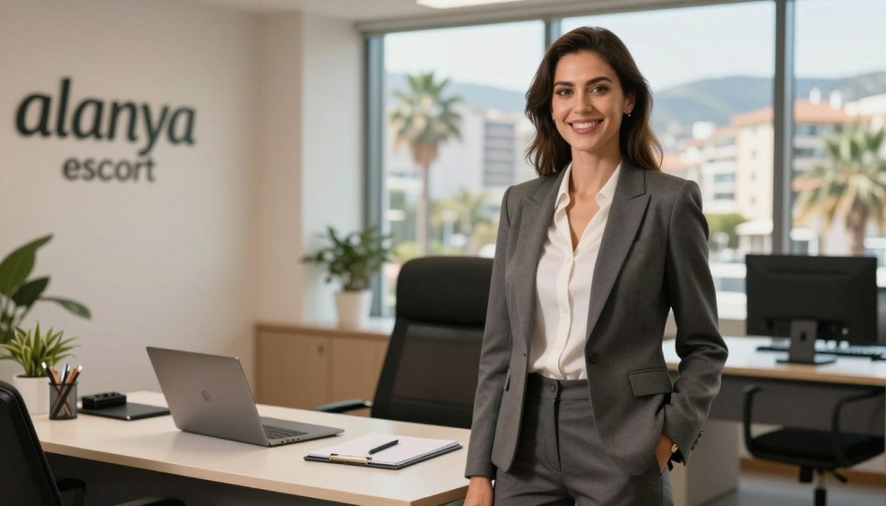 A professional, elegant woman representing "alanya escort" stands confidently in a well-lit, sophisticated office space. In the foreground, she wears a tailored blazer and smart trousers, exuding confidence and professionalism. Her hair is neatly styled, and she has a warm, approachable smile. In the middle ground, a sleek desk with a laptop and a neatly organized notepad reflects a business setting. The background features soft lighting from large windows, hinting at a vibrant cityscape of Alanya outside, with palm trees and modern buildings. The atmosphere is one of trust and reliability, perfect for the subject of escort services. Utilize a warm color palette to evoke a welcoming mood, with a slight depth of field to focus on the woman while softly blurring the background for emphasis. A professional, elegant woman representing "alanya escort" stands confidently in a well-lit, sophisticated office space. In the foreground, she wears a tailored blazer and smart trousers, exuding confidence and professionalism. Her hair is neatly styled, and she has a warm, approachable smile. In the middle ground, a sleek desk with a laptop and a neatly organized notepad reflects a business setting. The background features soft lighting from large windows, hinting at a vibrant cityscape of Alanya outside, with palm trees and modern buildings. The atmosphere is one of trust and reliability, perfect for the subject of escort services. Utilize a warm color palette to evoke a welcoming mood, with a slight depth of field to focus on the woman while softly blurring the background for emphasis.