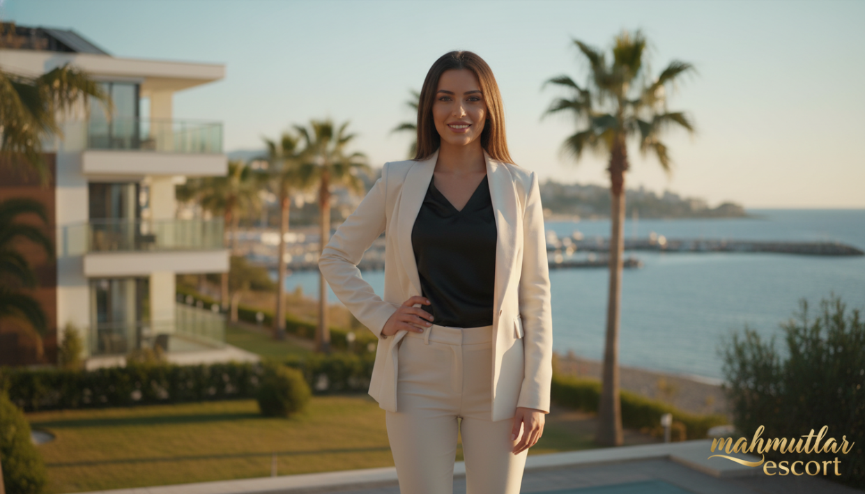 A professional escort in a stylish and sophisticated setting in Mahmutlar, showcasing the essence of trust and quality service. In the foreground, a poised woman dressed in elegant business attire stands confidently, her expression warm and professional. The background features a luxurious coastal view with modern architecture and palm trees typical of Mahmutlar, under a soft golden hour sunlight that creates a welcoming atmosphere. Use a shallow depth of field to keep the focus on the subject while giving a hint of the scenic backdrop. The mood is refined and inviting, suggesting a premium service known for professionalism and safety, embodying the brand "mahmutlar escort."