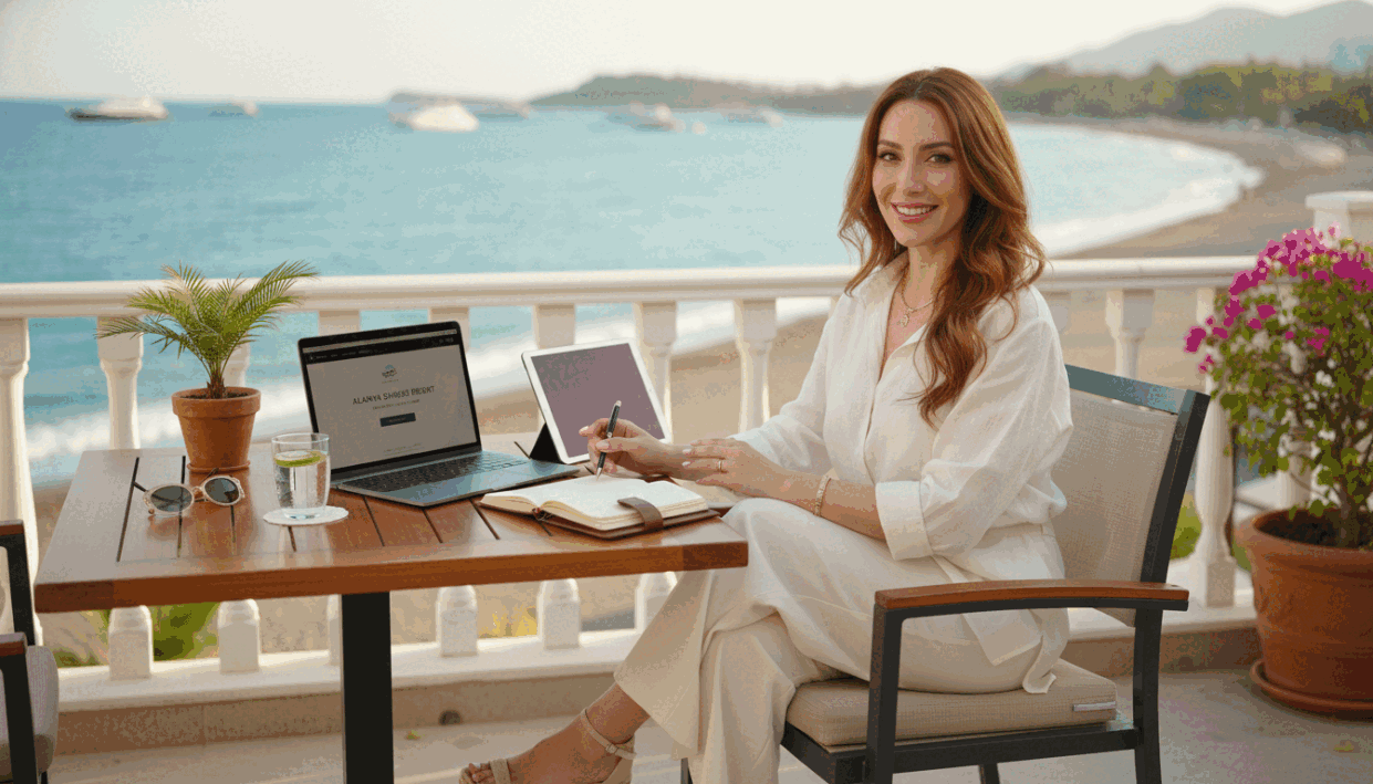 A professional meeting setting featuring a graceful woman dressed in an elegant summer outfit, engaged in a conversation over a laptop and notebook. The foreground showcases the woman, with long flowing hair and a warm smile, as she gestures towards the screen, exuding confidence and professionalism. In the middle ground, there are soft-focus elements like a stylish table adorned with a few tropical plants and a refreshing drink. The background reveals a sunlit terrace overlooking the beautiful coastline of Alanya, with soft waves lapping at the shore. The lighting is bright and inviting, creating a warm and approachable atmosphere. The image captures a refined balance between leisure and professionalism, perfect for illustrating the reservation process.