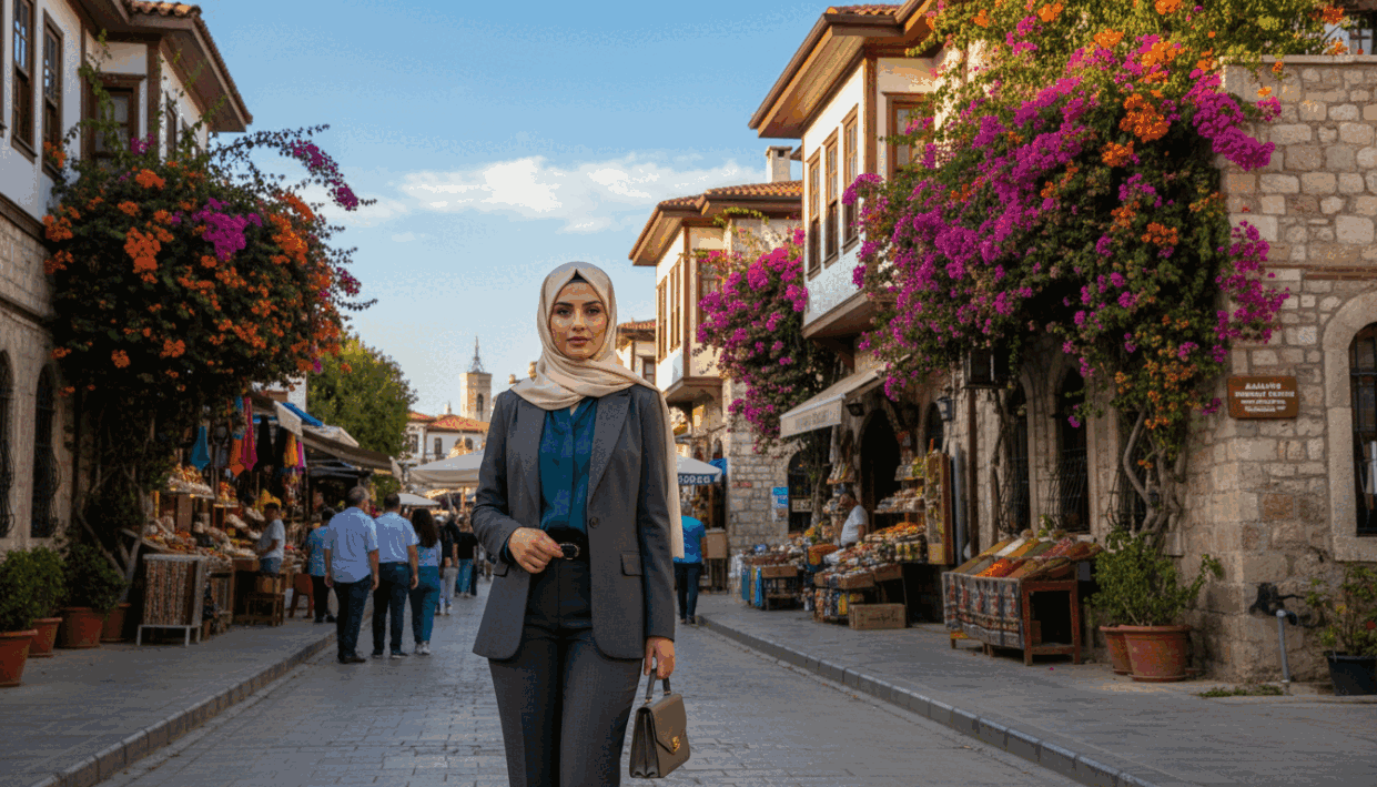 A professional, modestly dressed woman in a tasteful headscarf stands confidently on a picturesque Alanya street, embodying the theme of "Alanya Escort" services. The foreground features her in a stylish business outfit, tailored to reflect both elegance and cultural sensibility. In the middle ground, traditional Turkish architecture enhances the scene, with vibrant bougainvillea cascading over stone walls under a clear blue sky. The background shows a bustling market, hinting at local social dynamics. Soft, natural sunlight bathes the scene, creating warm, inviting shadows. Capture the mood of empowerment and cultural intersection, symbolizing modernity and tradition in harmony. A professional, modestly dressed woman in a tasteful headscarf stands confidently on a picturesque Alanya street, embodying the theme of "Alanya Escort" services. The foreground features her in a stylish business outfit, tailored to reflect both elegance and cultural sensibility. In the middle ground, traditional Turkish architecture enhances the scene, with vibrant bougainvillea cascading over stone walls under a clear blue sky. The background shows a bustling market, hinting at local social dynamics. Soft, natural sunlight bathes the scene, creating warm, inviting shadows. Capture the mood of empowerment and cultural intersection, symbolizing modernity and tradition in harmony.