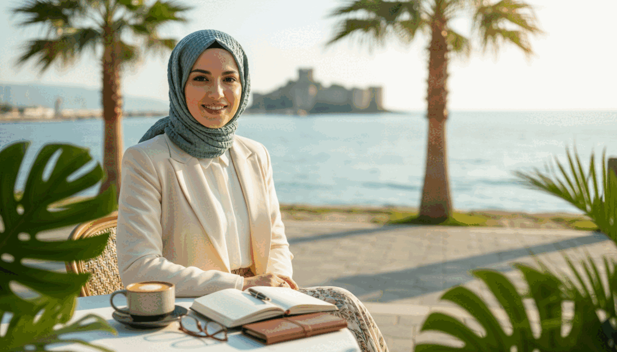 A professional, modestly dressed woman wearing a stylish hijab, sitting at a tastefully arranged café table in Alanya. The foreground features a warm cup of coffee and an open notebook, suggesting a productive meeting. In the middle ground, include tropical greenery typical of Alanya to enhance the local atmosphere. The background reveals picturesque coastal views with soft sunlight filtering through palm trees, casting gentle shadows. The setting conveys a sense of professionalism and approachability, inviting engagement. Use soft, natural lighting to create a welcoming mood, capturing the essence of communication and connection, aligned with the theme of "alanya escort." Ensure the image is Safe For Work and devoid of any text or branding elements. A professional, modestly dressed woman wearing a stylish hijab, sitting at a tastefully arranged café table in Alanya. The foreground features a warm cup of coffee and an open notebook, suggesting a productive meeting. In the middle ground, include tropical greenery typical of Alanya to enhance the local atmosphere. The background reveals picturesque coastal views with soft sunlight filtering through palm trees, casting gentle shadows. The setting conveys a sense of professionalism and approachability, inviting engagement. Use soft, natural lighting to create a welcoming mood, capturing the essence of communication and connection, aligned with the theme of "alanya escort." Ensure the image is Safe For Work and devoid of any text or branding elements.