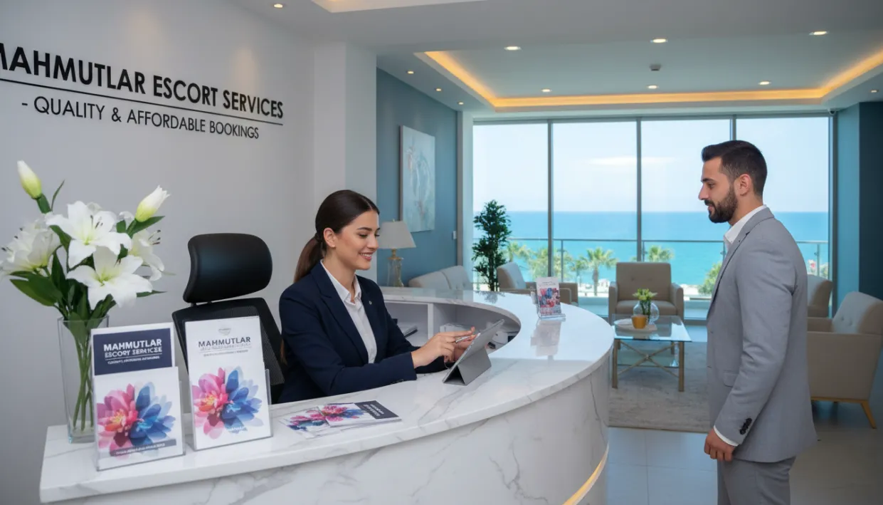 A professional setting in Mahmutlar, showcasing a sleek office environment dedicated to the "mahmutlar escort" brand. In the foreground, an elegantly dressed concierge or assistant in smart business attire sits at a polished reception desk, engaging with a client through a warm smile. The middle ground features tasteful decor, including fresh flowers and modern furniture, with brochures or pamphlets about the escort services neatly arranged. The background should depict a well-lit, serene atmosphere with soft natural light filtering through large windows, revealing glimpses of Mahmutlar's scenic coastline outside. The overall mood is welcoming and professional, emphasizing quality service and affordability in escort bookings, without any explicit or provocative imagery. The angle captures the inviting essence of the space, ensuring a safe-for-work presentation. A professional setting in Mahmutlar, showcasing a sleek office environment dedicated to the "mahmutlar escort" brand. In the foreground, an elegantly dressed concierge or assistant in smart business attire sits at a polished reception desk, engaging with a client through a warm smile. The middle ground features tasteful decor, including fresh flowers and modern furniture, with brochures or pamphlets about the escort services neatly arranged. The background should depict a well-lit, serene atmosphere with soft natural light filtering through large windows, revealing glimpses of Mahmutlar's scenic coastline outside. The overall mood is welcoming and professional, emphasizing quality service and affordability in escort bookings, without any explicit or provocative imagery. The angle captures the inviting essence of the space, ensuring a safe-for-work presentation.