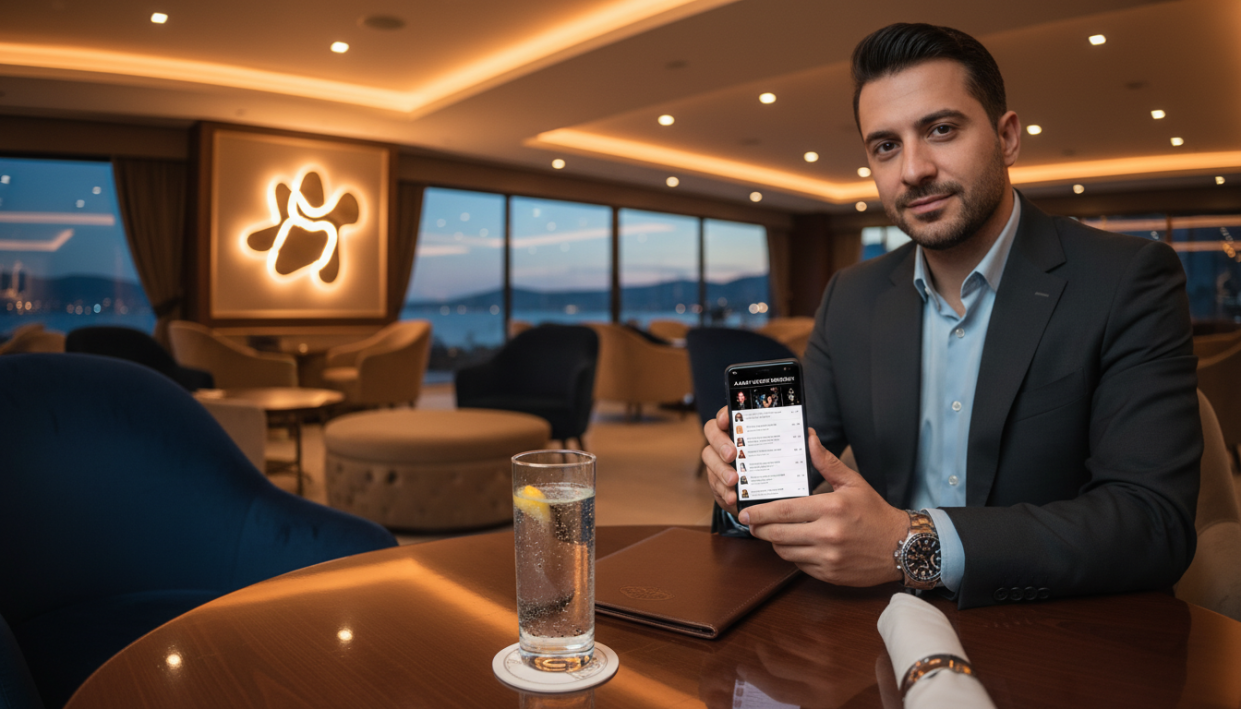 A professional, sleek setting portraying a luxurious lounge environment, emphasizing the essence of a high-class escort experience in Alanya. In the foreground, a stylish table arrangement with a glass of sparkling water and an elegantly folded napkin, symbolizing sophistication. In the middle ground, a well-dressed individual in business attire, exuding confidence and charm, reviewing a smartphone displaying contact information for "alanya escort." The background features soft ambient lighting creating a warm, inviting atmosphere with plush seating and tasteful decor. The mood should feel upscale and refined, capturing the essence of a memorable escort selection experience in a tranquil Alanya environment. Use a cinematic lens angle to enhance depth and focus on the table and individual.