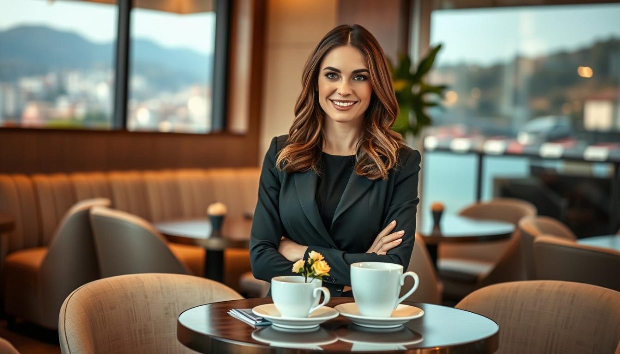 A professional, sophisticated female escort in Alanya, dressed in elegant business attire, standing confidently in a cozy, upscale café setting. She has a welcoming smile and a friendly demeanor, projecting a sense of warmth and approachability. In the foreground, a stylish table adorned with a fresh coffee cup and a small bouquet of flowers adds a touch of charm. The middle ground features muted colors with soft lighting, creating an inviting atmosphere. In the background, there are hints of the beautiful Alanya landscape visible through large windows, capturing the essence of the city. The mood is both relaxed and upscale, emphasizing quality and professionalism, perfectly reflecting the theme of quality partner options. The colors are vibrant yet balanced, enhancing the overall inviting and classy ambiance. The image embodies the brand "seksi kız" while remaining completely SFW. A professional, sophisticated female escort in Alanya, dressed in elegant business attire, standing confidently in a cozy, upscale café setting. She has a welcoming smile and a friendly demeanor, projecting a sense of warmth and approachability. In the foreground, a stylish table adorned with a fresh coffee cup and a small bouquet of flowers adds a touch of charm. The middle ground features muted colors with soft lighting, creating an inviting atmosphere. In the background, there are hints of the beautiful Alanya landscape visible through large windows, capturing the essence of the city. The mood is both relaxed and upscale, emphasizing quality and professionalism, perfectly reflecting the theme of quality partner options. The colors are vibrant yet balanced, enhancing the overall inviting and classy ambiance. The image embodies the brand "seksi kız" while remaining completely SFW.