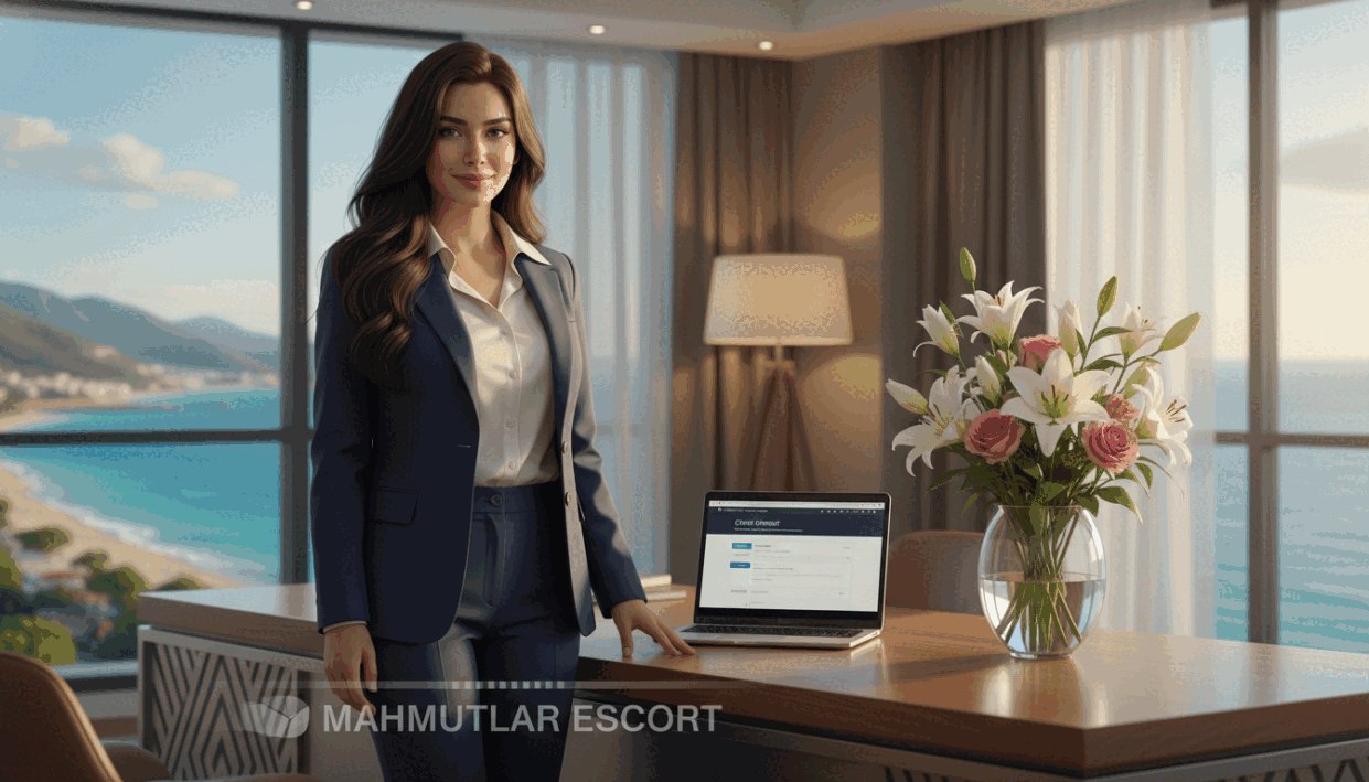 A professional young woman in elegant business attire stands confidently in a stylish office setting. She has long, dark hair and a warm smile, exuding professionalism and approachability. In the foreground, a polished wooden desk showcases a tasteful arrangement of flowers and a laptop open to a client communication page, hinting at her escort services. In the middle ground, soft ambient lighting highlights her and the decor, creating a welcoming atmosphere. The background features a large window with a view of Alanya Mahmutlar's beautiful coastline, providing a serene backdrop. The overall mood is professional yet inviting, emphasizing the theme of escort services in a respectable context. The brand name "mahmutlar escort" subtly integrates into the interior design of the office. A professional young woman in elegant business attire stands confidently in a stylish office setting. She has long, dark hair and a warm smile, exuding professionalism and approachability. In the foreground, a polished wooden desk showcases a tasteful arrangement of flowers and a laptop open to a client communication page, hinting at her escort services. In the middle ground, soft ambient lighting highlights her and the decor, creating a welcoming atmosphere. The background features a large window with a view of Alanya Mahmutlar's beautiful coastline, providing a serene backdrop. The overall mood is professional yet inviting, emphasizing the theme of escort services in a respectable context. The brand name "mahmutlar escort" subtly integrates into the interior design of the office.