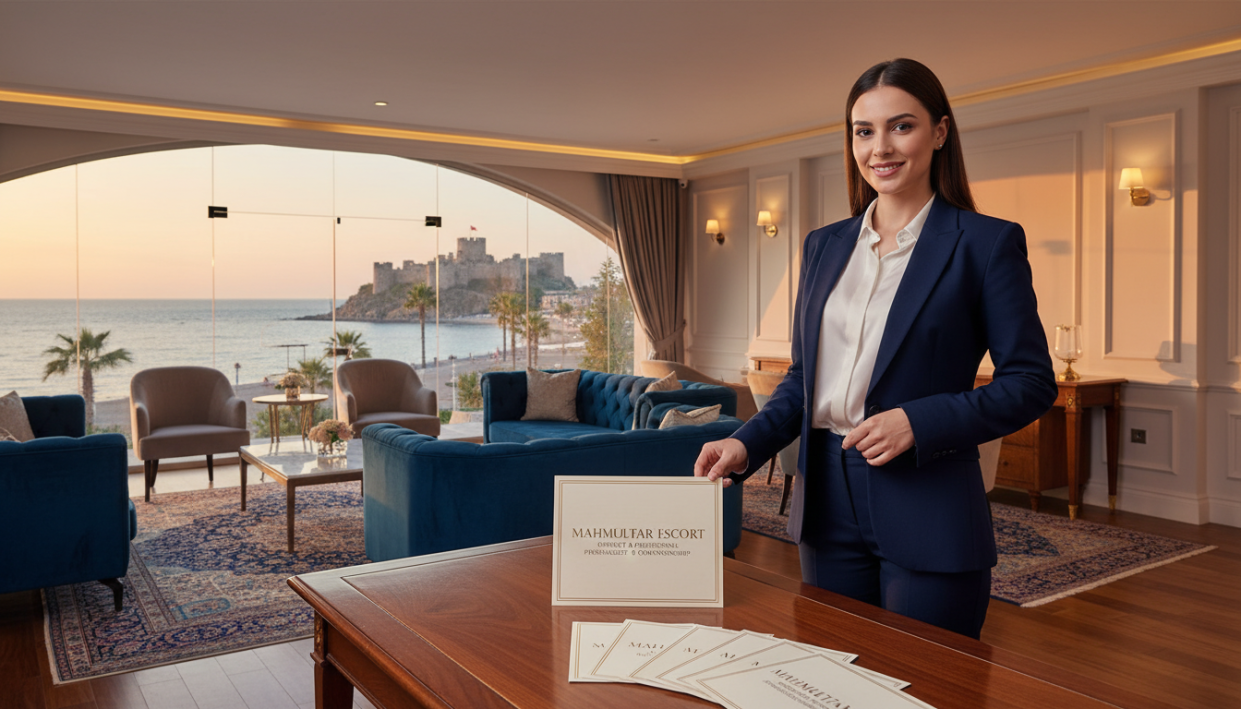 A refined and elegant scene showcasing personal service options in Alanya Mahmutlar. In the foreground, a friendly, professional woman in smart business attire stands welcomingly next to a tasteful display of brochures for the "mahmutlar escort" services. The middle ground features a stylish, upscale lounge area with comfortable seating, ambient lighting, and tasteful decor, creating an inviting atmosphere. In the background, hints of the picturesque Alanya coastline can be seen through large glass windows, accentuating the location's charm. The lighting is soft and warm, casting gentle shadows, while the overall mood is sophisticated yet approachable, promoting the idea of safe and professional service. The camera angle is slightly elevated, providing a comprehensive view of the scene.
