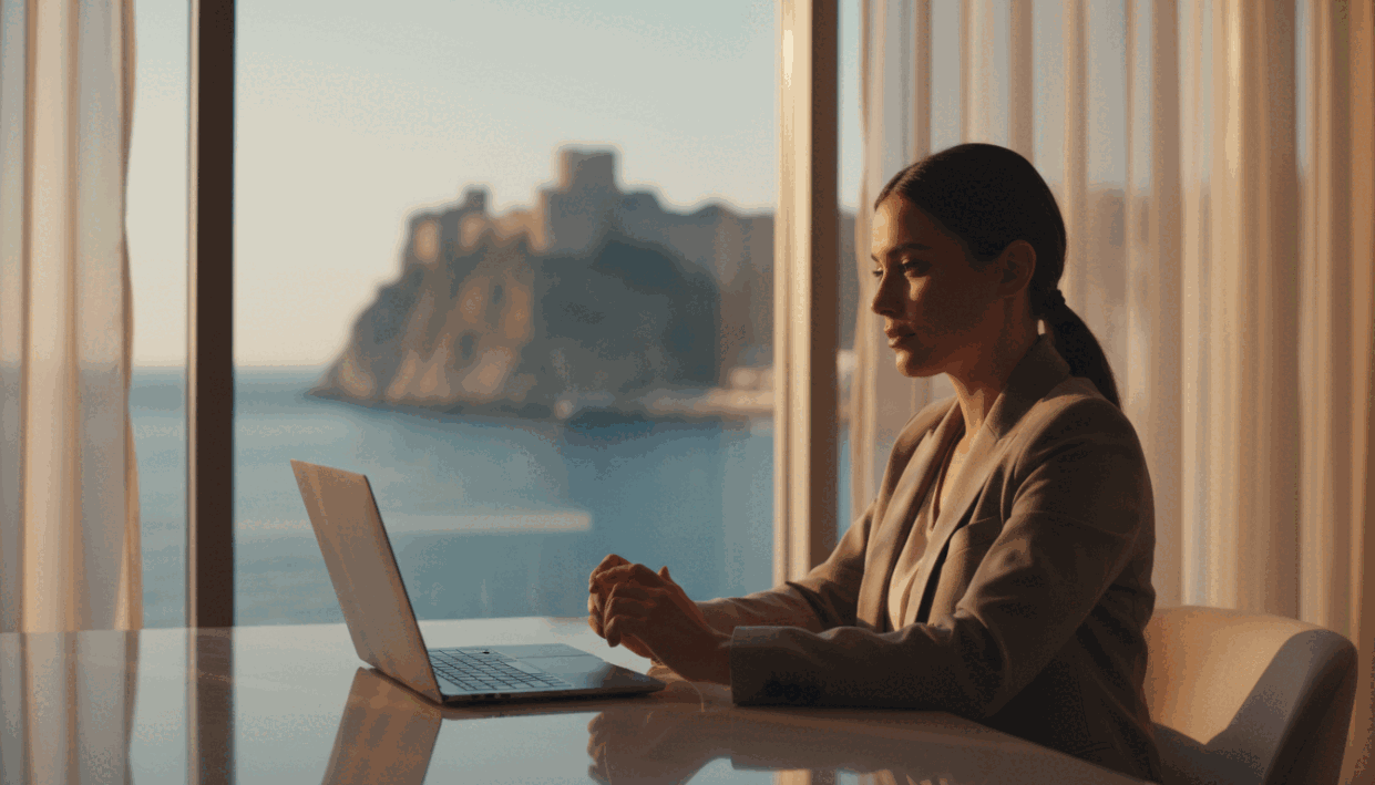 A serene and captivating scene illustrating the importance of privacy and anonymity. In the foreground, a professional, well-dressed individual sits at a sleek desk with a laptop, their thoughtful expression reflecting discretion and confidentiality. In the middle ground, soft shadows cast by gentle lighting create a warm atmosphere, enhancing the sense of security and secrecy. The background showcases blurred silhouettes of Alanya's iconic coastal landscape, hinting at a luxurious environment. The scene is bathed in soft, golden hour lighting, evoking a tranquil mood. The overall composition emphasizes professionalism and trust, aligning with the theme of "alanya escort" services while maintaining a strictly Safe For Work aesthetic. No text, captions, or watermarks are included, ensuring a clean presentation of the subject.