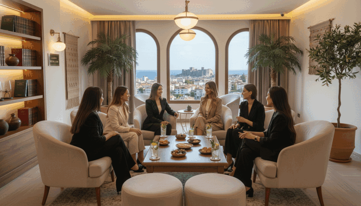 A serene and elegant scene depicting a luxurious lounge setting in Alanya, designed for discreet meetings, featuring a group of professional young women dressed in chic business attire, engaged in friendly conversation. In the foreground, a stylish coffee table is adorned with refreshing drinks and light snacks, while comfortable seating arrangements invite a welcoming atmosphere. The middle ground showcases lush greenery and tasteful decor that enhance the sense of comfort and safety. Soft, warm lighting bathes the scene, creating an inviting ambiance. The background displays large windows revealing a glimpse of Alanya’s picturesque skyline under a clear blue sky. The overall mood is sophisticated yet relaxed, embodying the essence of "alanya escort" and emphasizing a safe environment for enjoyable gatherings. A serene and elegant scene depicting a luxurious lounge setting in Alanya, designed for discreet meetings, featuring a group of professional young women dressed in chic business attire, engaged in friendly conversation. In the foreground, a stylish coffee table is adorned with refreshing drinks and light snacks, while comfortable seating arrangements invite a welcoming atmosphere. The middle ground showcases lush greenery and tasteful decor that enhance the sense of comfort and safety. Soft, warm lighting bathes the scene, creating an inviting ambiance. The background displays large windows revealing a glimpse of Alanya’s picturesque skyline under a clear blue sky. The overall mood is sophisticated yet relaxed, embodying the essence of "alanya escort" and emphasizing a safe environment for enjoyable gatherings.