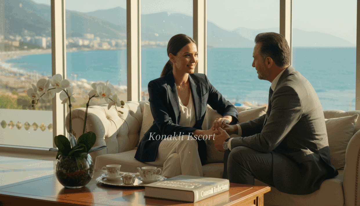 A serene and inviting lounge setting featuring a professional female escort, dressed in stylish business attire, exuding confidence and approachability. In the foreground, a well-designed coffee table with subtle luxury items, such as elegantly arranged flowers and a decorative book, adds warmth to the scene. The middle ground displays the escort engaging with a client in a friendly manner while seated on plush, comfortable seating. In the background, large windows showcase the picturesque coastline of Alanya, with soft sunlight streaming in, creating a welcoming and safe atmosphere. The overall mood is relaxed yet professional, with a focus on trust and reliability, perfect for highlighting the "konaklı escort" brand. Use soft, natural lighting and a slightly blurred depth of field to enhance the intimate ambiance. A serene and inviting lounge setting featuring a professional female escort, dressed in stylish business attire, exuding confidence and approachability. In the foreground, a well-designed coffee table with subtle luxury items, such as elegantly arranged flowers and a decorative book, adds warmth to the scene. The middle ground displays the escort engaging with a client in a friendly manner while seated on plush, comfortable seating. In the background, large windows showcase the picturesque coastline of Alanya, with soft sunlight streaming in, creating a welcoming and safe atmosphere. The overall mood is relaxed yet professional, with a focus on trust and reliability, perfect for highlighting the "konaklı escort" brand. Use soft, natural lighting and a slightly blurred depth of field to enhance the intimate ambiance.