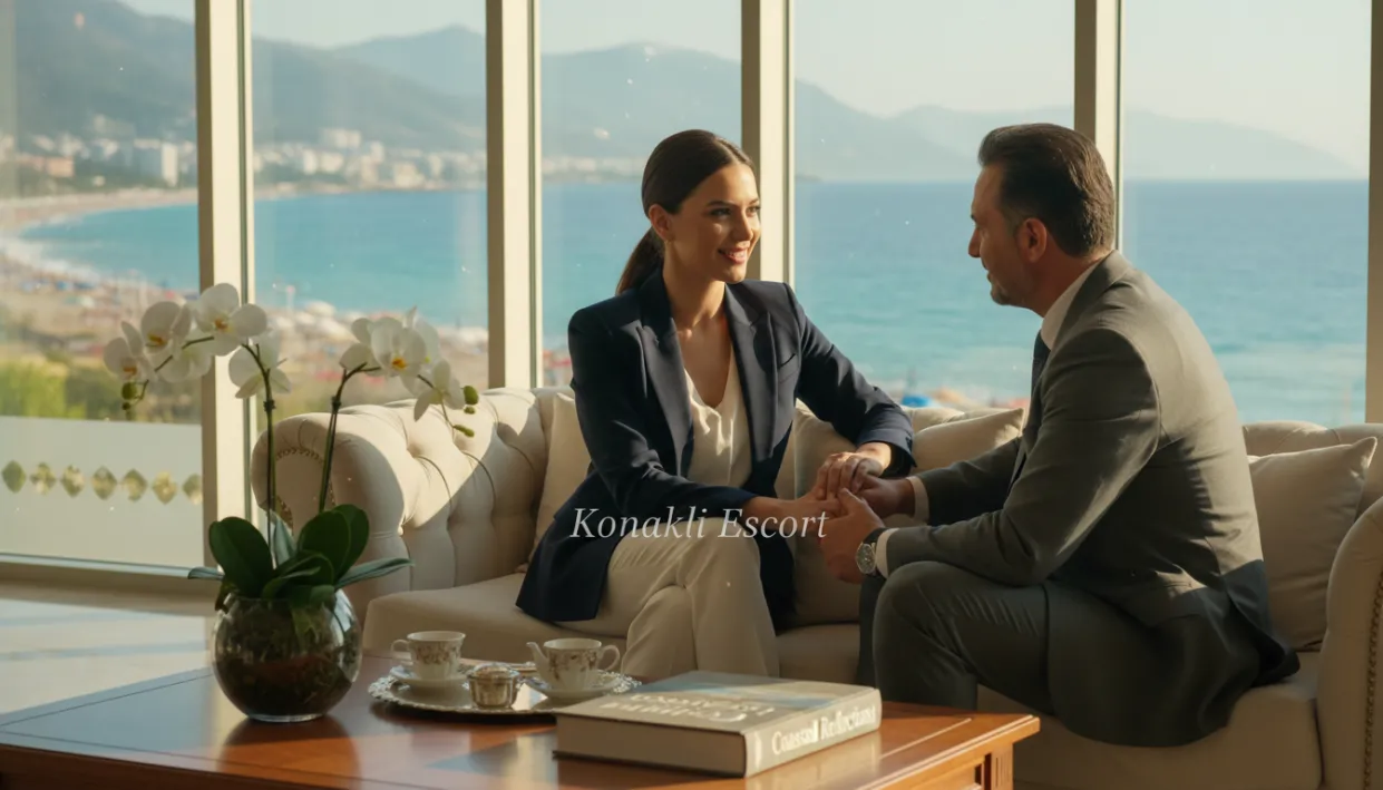 A serene and inviting lounge setting featuring a professional female escort, dressed in stylish business attire, exuding confidence and approachability. In the foreground, a well-designed coffee table with subtle luxury items, such as elegantly arranged flowers and a decorative book, adds warmth to the scene. The middle ground displays the escort engaging with a client in a friendly manner while seated on plush, comfortable seating. In the background, large windows showcase the picturesque coastline of Alanya, with soft sunlight streaming in, creating a welcoming and safe atmosphere. The overall mood is relaxed yet professional, with a focus on trust and reliability, perfect for highlighting the "konaklı escort" brand. Use soft, natural lighting and a slightly blurred depth of field to enhance the intimate ambiance. A serene and inviting lounge setting featuring a professional female escort, dressed in stylish business attire, exuding confidence and approachability. In the foreground, a well-designed coffee table with subtle luxury items, such as elegantly arranged flowers and a decorative book, adds warmth to the scene. The middle ground displays the escort engaging with a client in a friendly manner while seated on plush, comfortable seating. In the background, large windows showcase the picturesque coastline of Alanya, with soft sunlight streaming in, creating a welcoming and safe atmosphere. The overall mood is relaxed yet professional, with a focus on trust and reliability, perfect for highlighting the "konaklı escort" brand. Use soft, natural lighting and a slightly blurred depth of field to enhance the intimate ambiance.