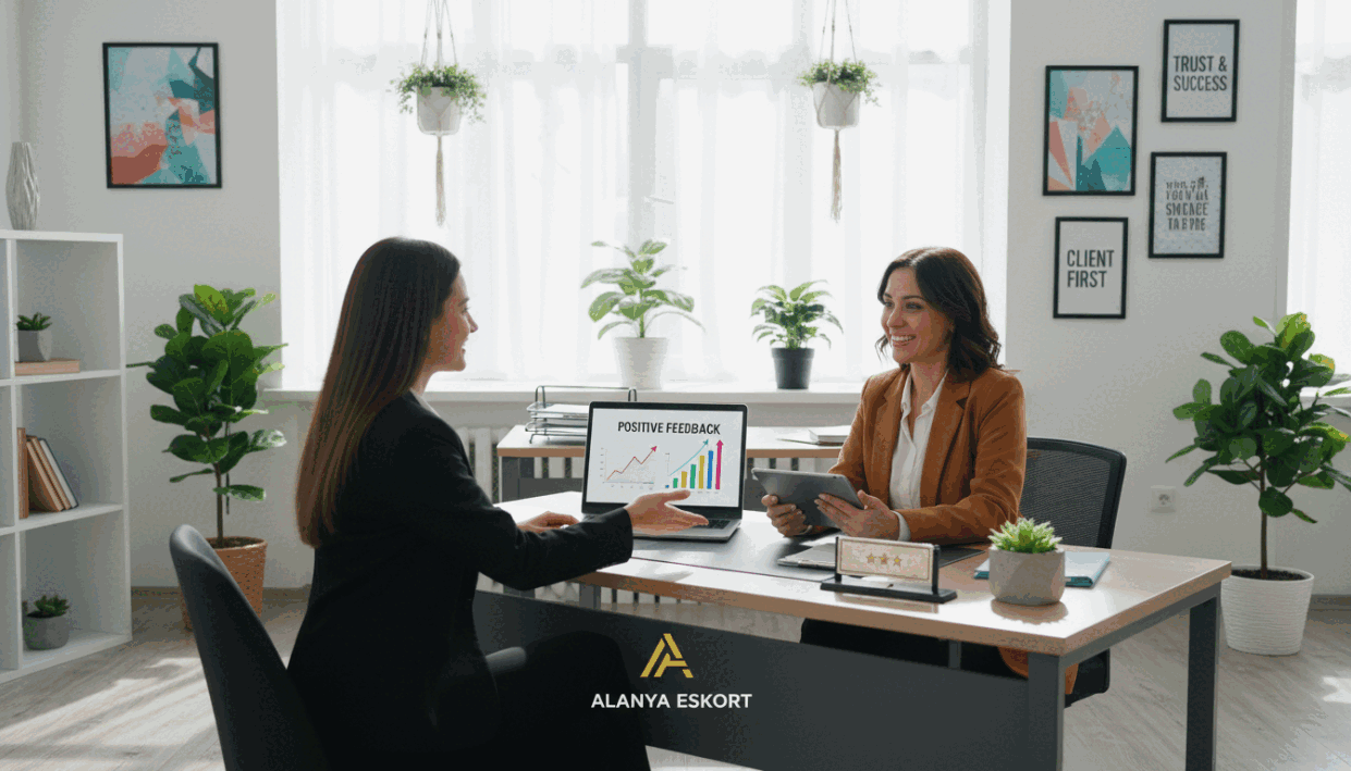 A serene and inviting office space representing customer satisfaction in a professional context. In the foreground, a smiling customer service representative, dressed in smart business attire, gestures warmly towards a satisfied client seated at a comfortable desk. In the middle, a neatly arranged workspace reflects professionalism, with a laptop displaying positive feedback and colorful charts illustrating service quality. The background features large windows allowing natural light to flood the room, creating a bright and welcoming atmosphere with plants and motivational artwork on the walls. The mood is positive and serene, emphasizing trust and success, capturing the essence of "alanya escort" through excellent service. The composition is balanced and inviting, allowing viewers to feel a sense of professionalism and satisfaction. A serene and inviting office space representing customer satisfaction in a professional context. In the foreground, a smiling customer service representative, dressed in smart business attire, gestures warmly towards a satisfied client seated at a comfortable desk. In the middle, a neatly arranged workspace reflects professionalism, with a laptop displaying positive feedback and colorful charts illustrating service quality. The background features large windows allowing natural light to flood the room, creating a bright and welcoming atmosphere with plants and motivational artwork on the walls. The mood is positive and serene, emphasizing trust and success, capturing the essence of "alanya escort" through excellent service. The composition is balanced and inviting, allowing viewers to feel a sense of professionalism and satisfaction.
