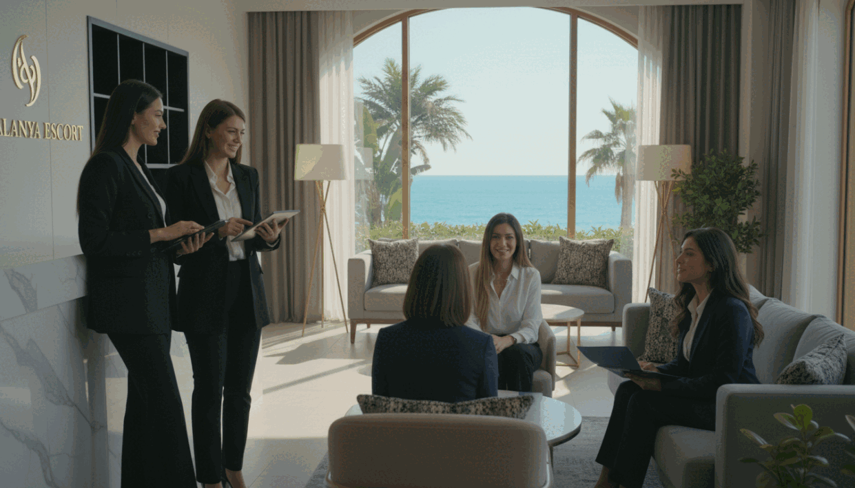 A serene and inviting scene depicting a professional and elegant setting that embodies customer satisfaction in Alanya. In the foreground, a group of diverse women dressed in stylish business attire interacts with clients, showcasing warm smiles and genuine engagement. The middle ground features a cozy lounge area with plush seating and ambient lighting, suggesting comfort and relaxation. In the background, lush greenery and palm trees hint at Alanya's beautiful coastal landscape under a clear blue sky. Soft, natural lighting bathes the entire scene, creating a welcoming and friendly atmosphere. The brand name "Alanya Escort" subtly incorporated into the elegant decor elements, enhancing the overall feel of professionalism and trust. The image captures the essence of enjoyable experiences and positive feedback. A serene and inviting scene depicting a professional and elegant setting that embodies customer satisfaction in Alanya. In the foreground, a group of diverse women dressed in stylish business attire interacts with clients, showcasing warm smiles and genuine engagement. The middle ground features a cozy lounge area with plush seating and ambient lighting, suggesting comfort and relaxation. In the background, lush greenery and palm trees hint at Alanya's beautiful coastal landscape under a clear blue sky. Soft, natural lighting bathes the entire scene, creating a welcoming and friendly atmosphere. The brand name "Alanya Escort" subtly incorporated into the elegant decor elements, enhancing the overall feel of professionalism and trust. The image captures the essence of enjoyable experiences and positive feedback.