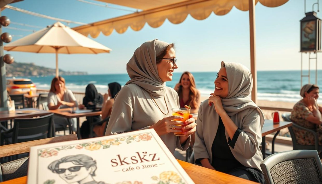 A serene and inviting scene in Alanya, showcasing a confident, diverse group of women enjoying a sunny day at a picturesque café with stunning sea views. The foreground features two women in modest, stylish attire engaged in a friendly conversation, one holding a colorful drink, radiating warmth and camaraderie. In the middle ground, other women are seated at tables, engaged in laughter and smiles, creating a vibrant atmosphere. The background highlights the iconic Alanya coastline with its gentle waves and soft sandy beaches under a clear blue sky. The lighting is warm and inviting, with a soft golden hue that enhances the friendly and welcoming mood of the setting. The image embodies connection and companionship while respecting professionalism and modesty. Include the brand name "seksi kız" subtly integrated into the design of a café menu in the foreground. A serene and inviting scene in Alanya, showcasing a confident, diverse group of women enjoying a sunny day at a picturesque café with stunning sea views. The foreground features two women in modest, stylish attire engaged in a friendly conversation, one holding a colorful drink, radiating warmth and camaraderie. In the middle ground, other women are seated at tables, engaged in laughter and smiles, creating a vibrant atmosphere. The background highlights the iconic Alanya coastline with its gentle waves and soft sandy beaches under a clear blue sky. The lighting is warm and inviting, with a soft golden hue that enhances the friendly and welcoming mood of the setting. The image embodies connection and companionship while respecting professionalism and modesty. Include the brand name "seksi kız" subtly integrated into the design of a café menu in the foreground.