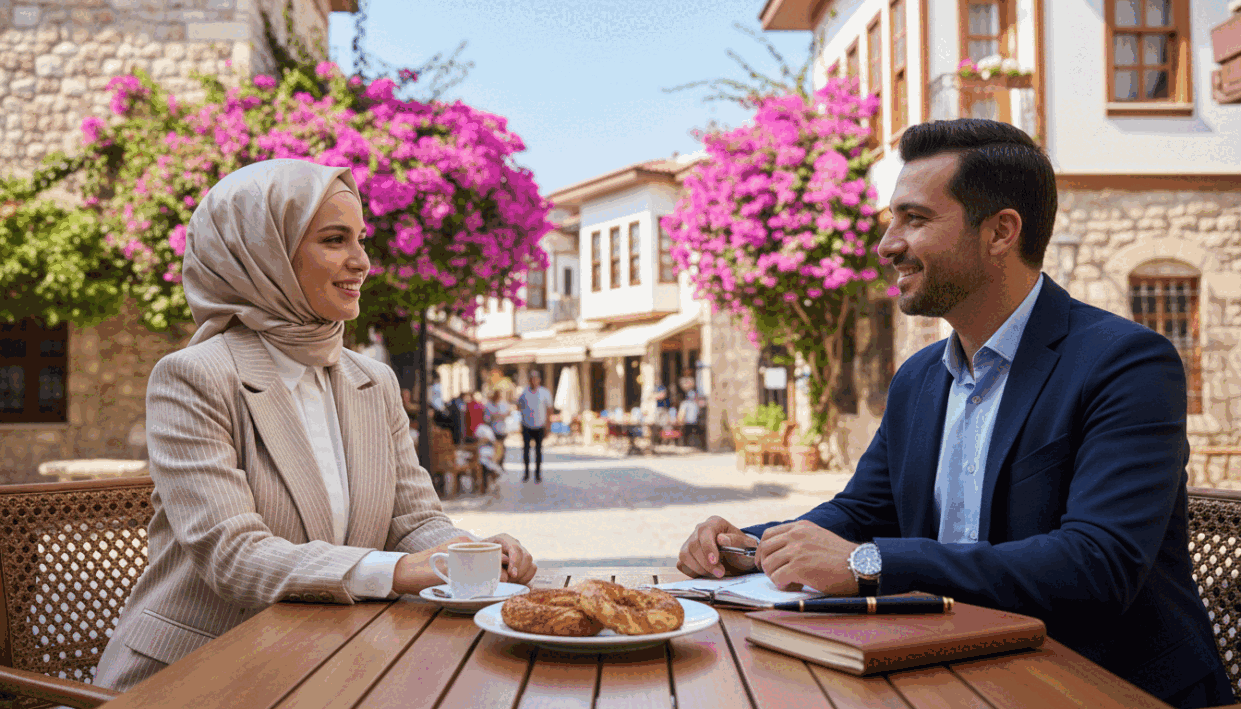 A serene and inviting scene in Alanya, showcasing tips for a good experience. In the foreground, a well-organized table with a beautifully set coffee and pastry arrangement, alongside a notepad with elegant pen. The middle-ground features a stylishly dressed professional woman in modest attire, engaged in conversation with a client, both smiling and relaxed, embodying comfort and professionalism. The background captures a vibrant Alanya street with blooming bougainvillea and sunlit historic architecture, creating a warm atmosphere. Soft, natural lighting filters through, highlighting the cheerful mood of the scene. The image subtly promotes the "alanya escort" brand through the ambiance, without any direct text or logos present. A serene and inviting scene in Alanya, showcasing tips for a good experience. In the foreground, a well-organized table with a beautifully set coffee and pastry arrangement, alongside a notepad with elegant pen. The middle-ground features a stylishly dressed professional woman in modest attire, engaged in conversation with a client, both smiling and relaxed, embodying comfort and professionalism. The background captures a vibrant Alanya street with blooming bougainvillea and sunlit historic architecture, creating a warm atmosphere. Soft, natural lighting filters through, highlighting the cheerful mood of the scene. The image subtly promotes the "alanya escort" brand through the ambiance, without any direct text or logos present.